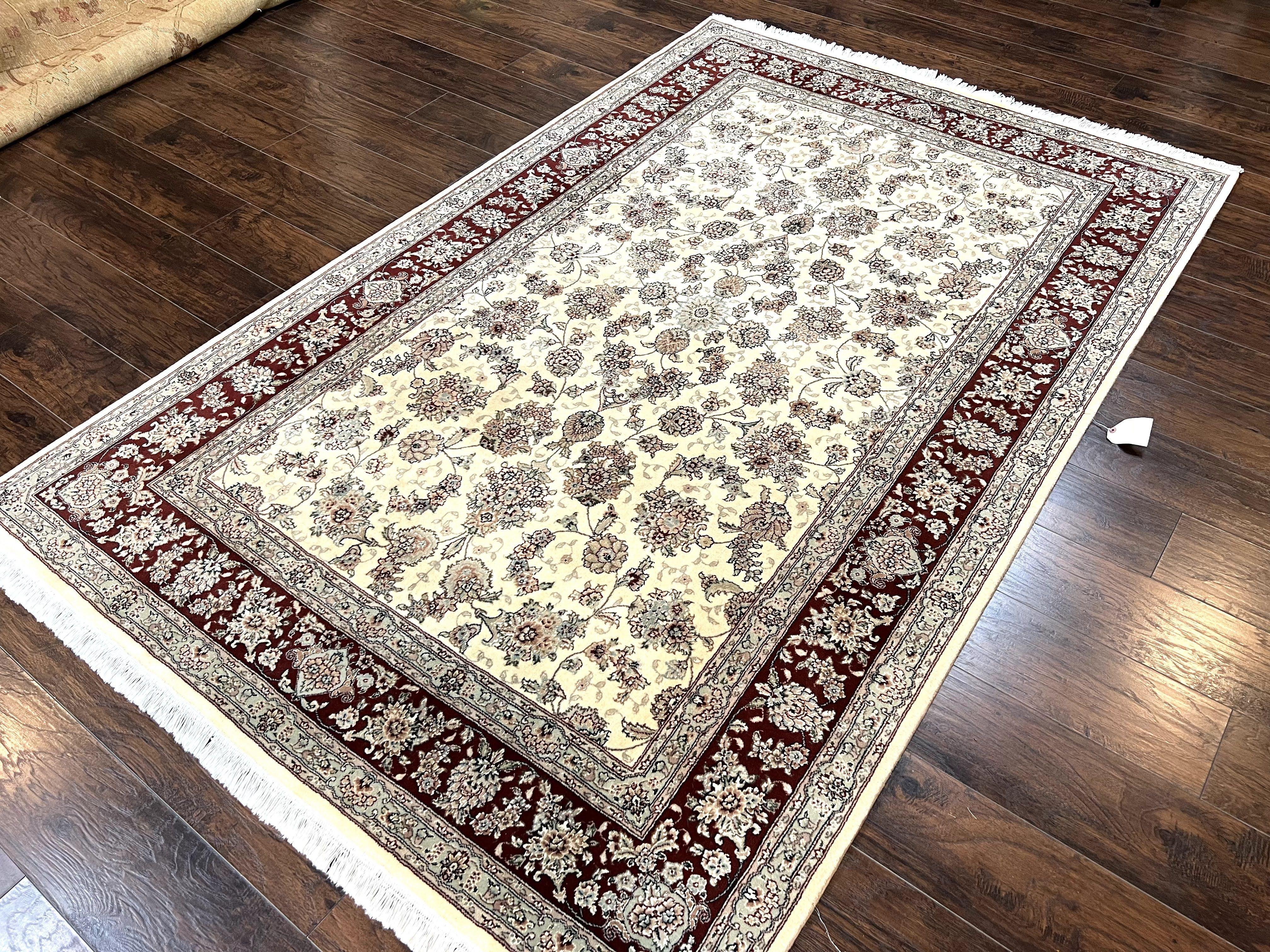 Pak Persian Rug 6x9, Floral Allover Carpet 6 x 9 ft, Cream and Maroon Hand Knotted Wool and Silk Fine Oriental Rug, Traditional Vintage Rug - Jewel Rugs