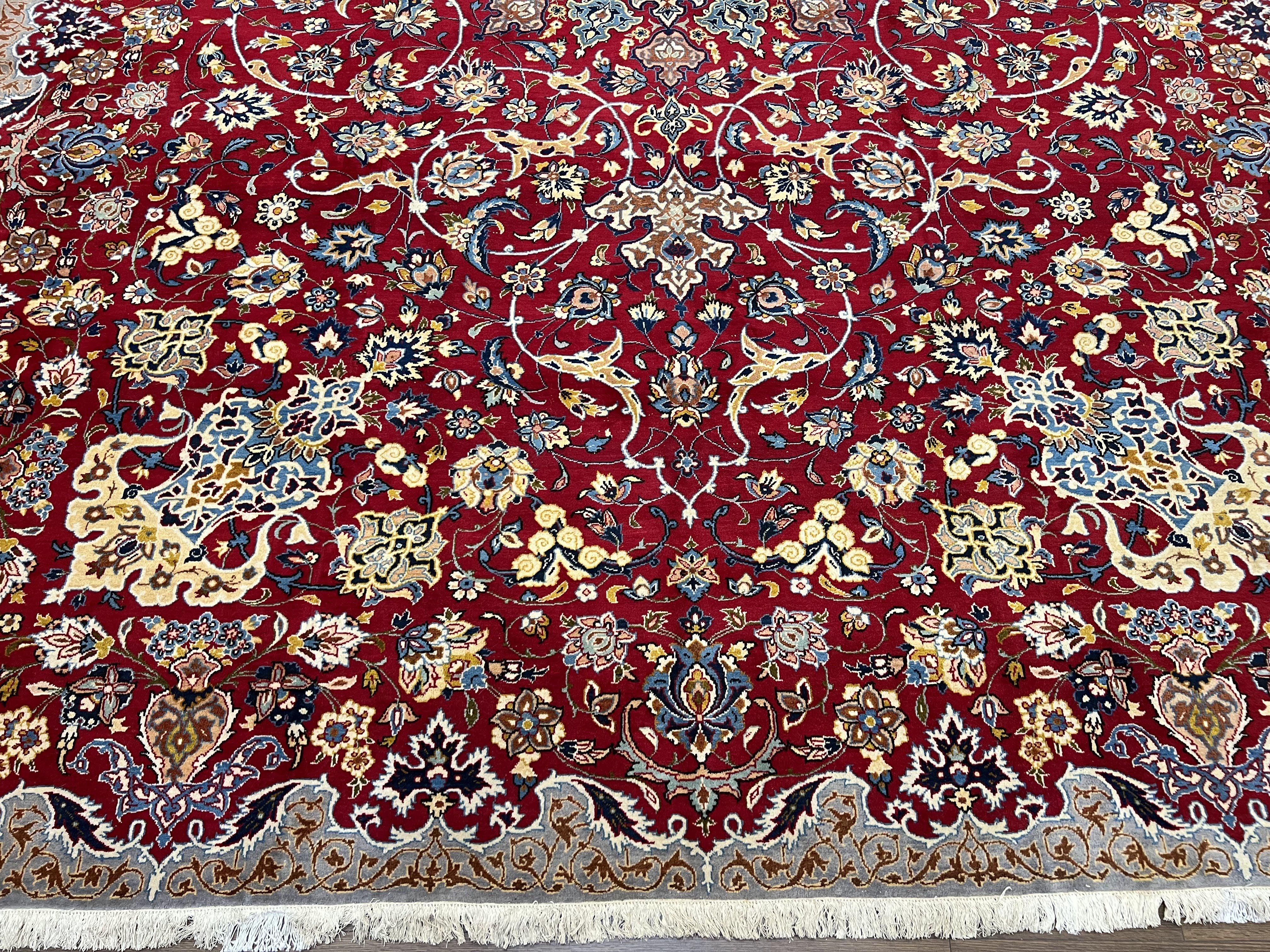 Large Red Persian Kashan Rug 10x14, Allover Floral Pattern, Central Medallion, Vintage Antique Rug, Hand Knotted Wool Authentic Oriental Carpet - Jewel Rugs