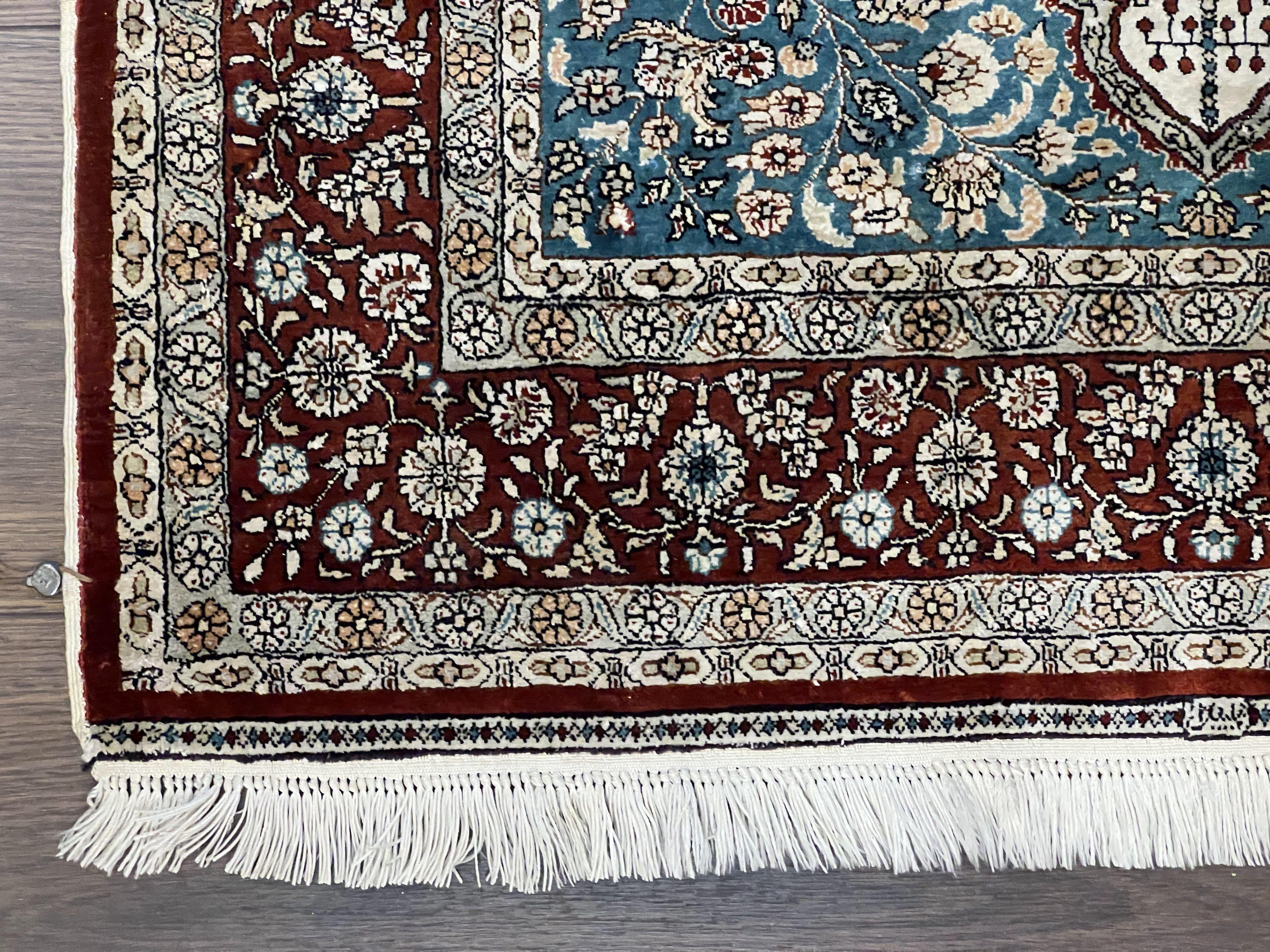 Very Fine Turkish Hereke Silk Rug 2.5 x 4, Silk Prayer Rug, Signed Hand Knotted Carpet, Floral Design, Maroon Teal Beige/Cream, Vintage Rug - Jewel Rugs