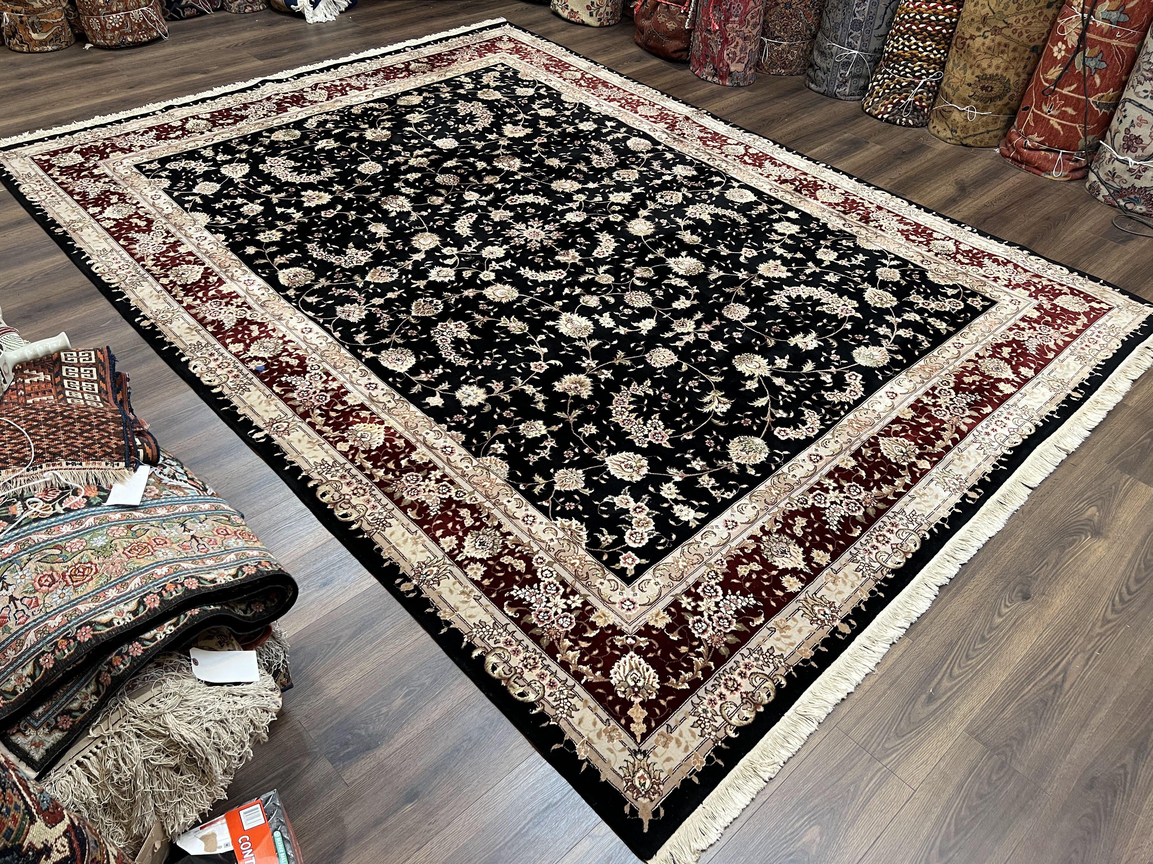 Sino Persian Rug 9x12, High Quality Oriental Carpet, Black and Maroon, Wool and Silk, Allover Floral Pattern, Hand Knotted, Vintage Rug Nice - Jewel Rugs