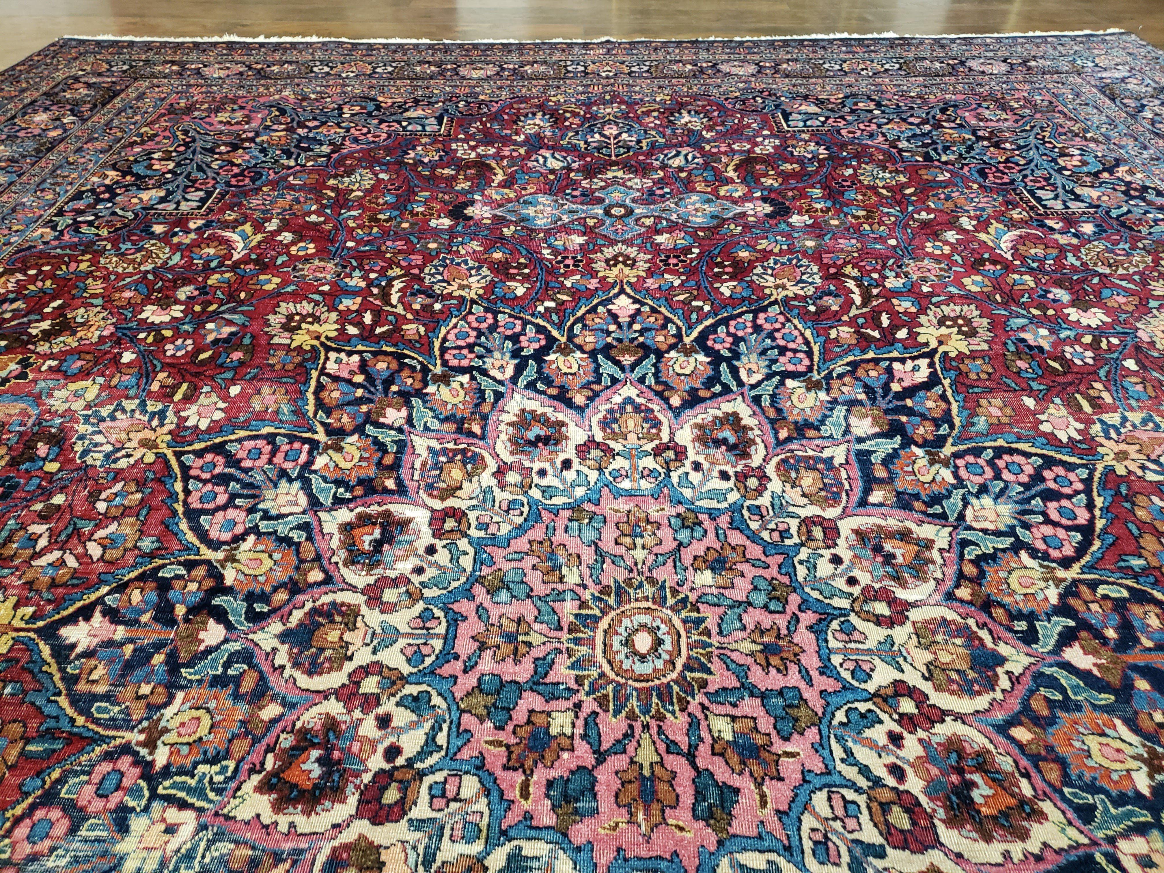 Antique Persian Mashad Rug, Palace Size, Hand-Knotted, Wool, Allover Floral with Medallion, Ruby Red and Dark Blue, 11' x 15' - Jewel Rugs