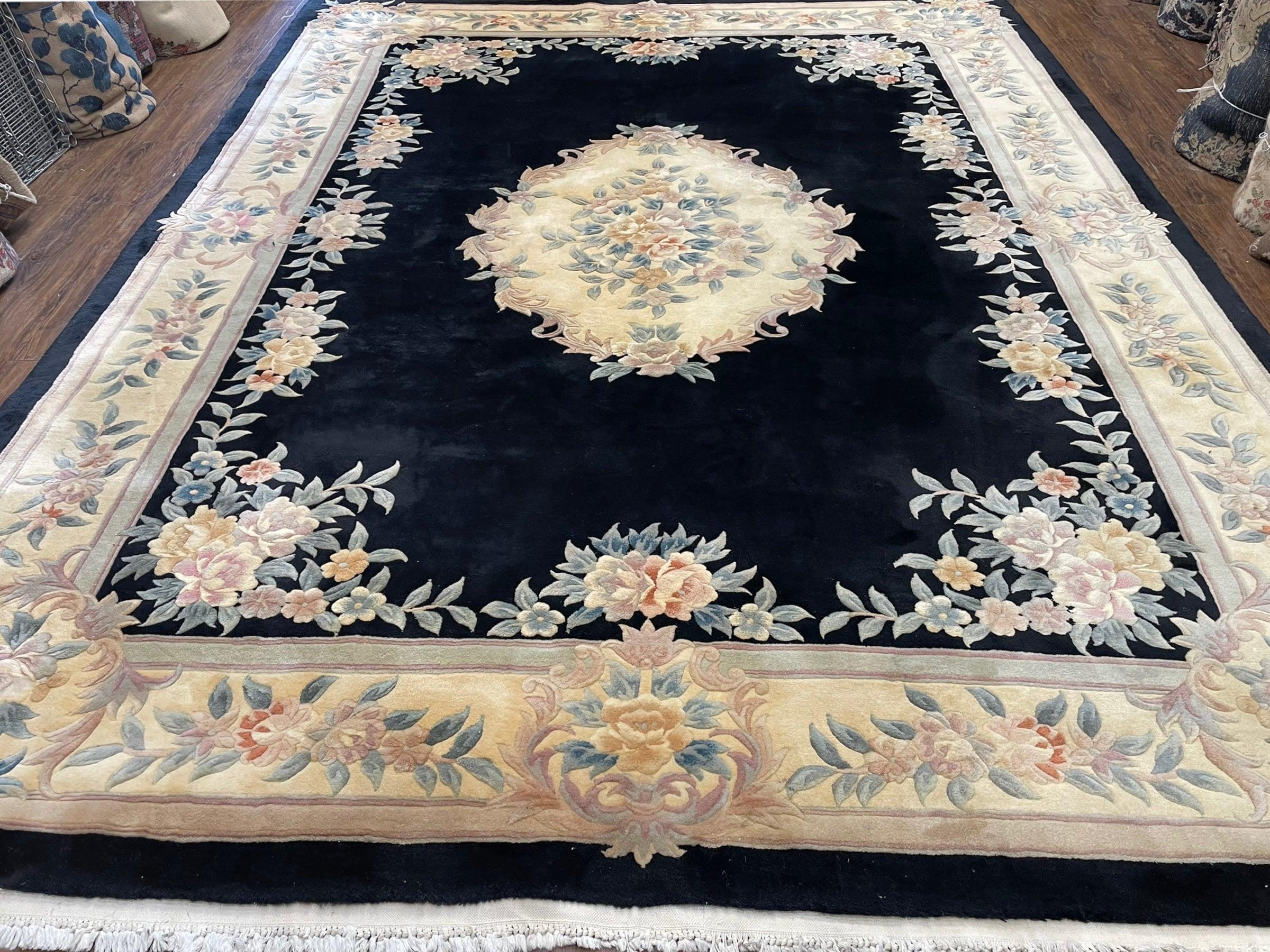 9x12 Chinese Aubusson Rug, 9 x 12 Plush Chinese Rug, 12x9 Floral Chinese Rug, 90 Line Carpet, Art Deco Rug Peking Rug Vintage Wool Black Rug - Jewel Rugs