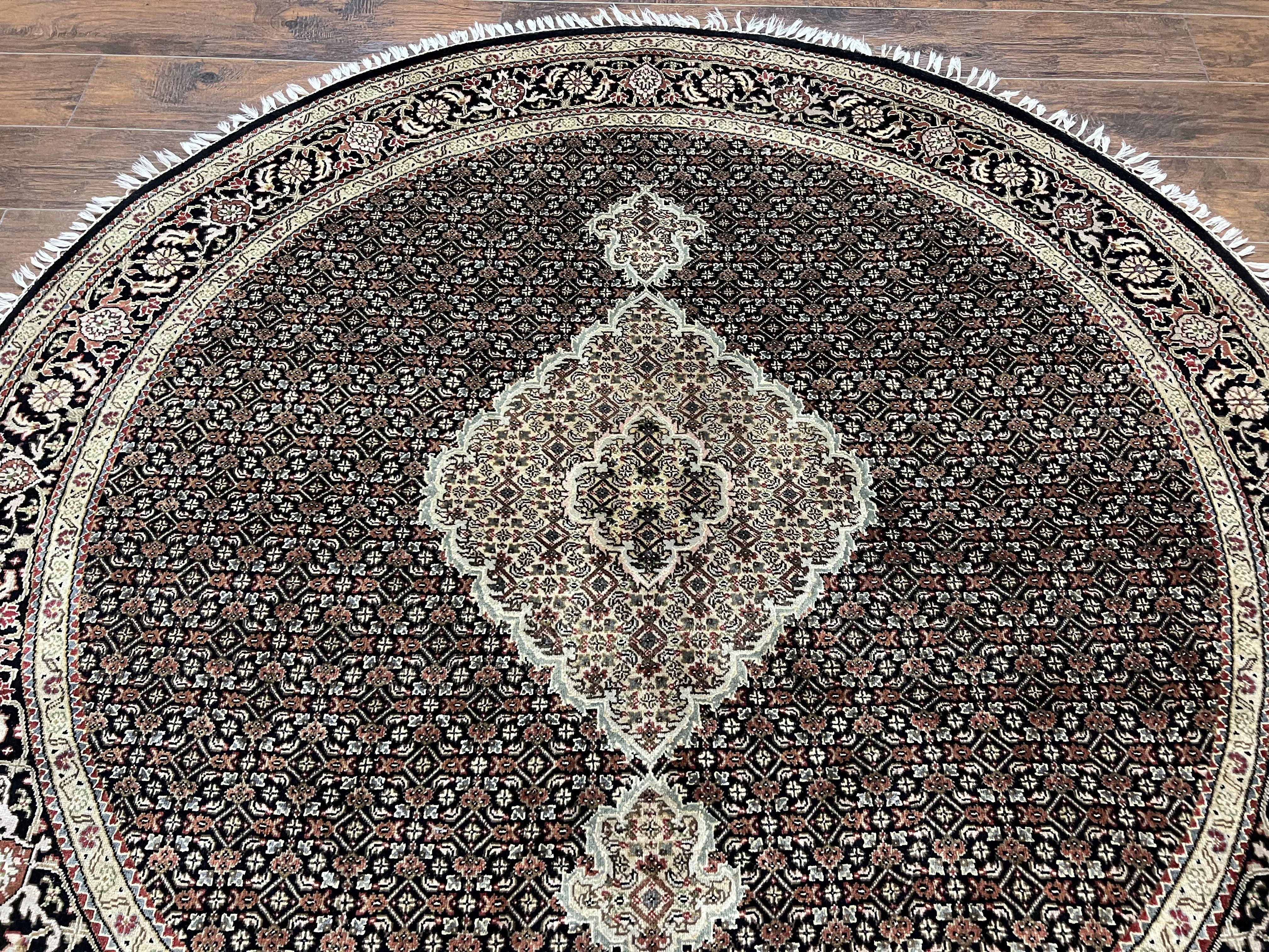 Round Oriental Rug 6.8 x 6.8 ft, Black and Beige Hand-Knotted Wool Indian Indo Persian Round Carpet, Herati Mahi Pattern, Vintage Round Rug - Jewel Rugs