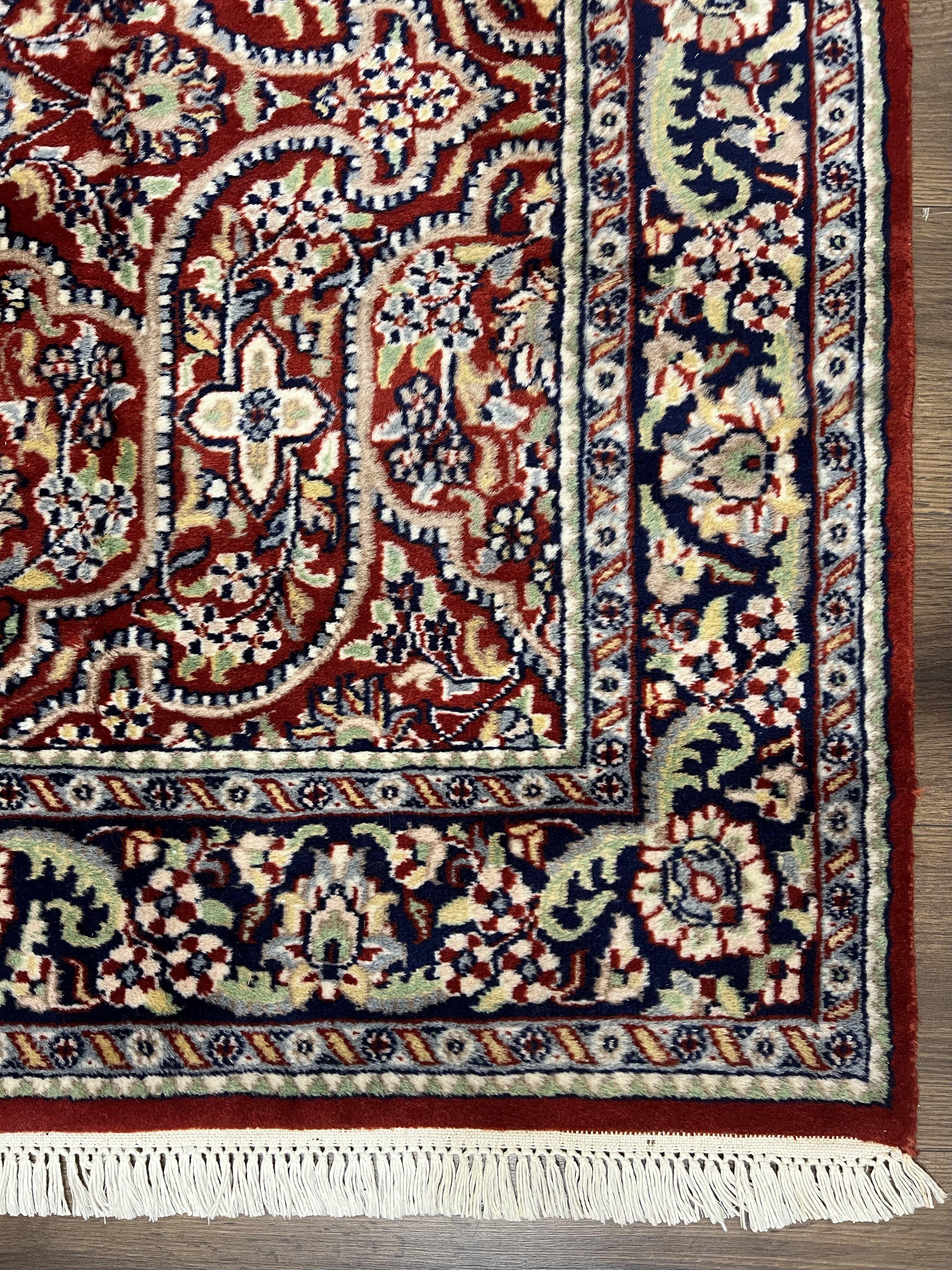 Indo Persian Rug 4x7, Allover Floral Oriental Carpet, Red and Navy Blue, Hand Knotted Indian Kashmiri Traditional Vintage Area Rug 4 x 7 ft - Jewel Rugs