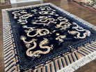 Rare Chinese Peking Rug 8x11, Chinese Dragon Carpet with Rainbow Border, Navy Blue and Beige, Handmade Hand Knotted, Semi Antique, Wool Rug - Jewel Rugs