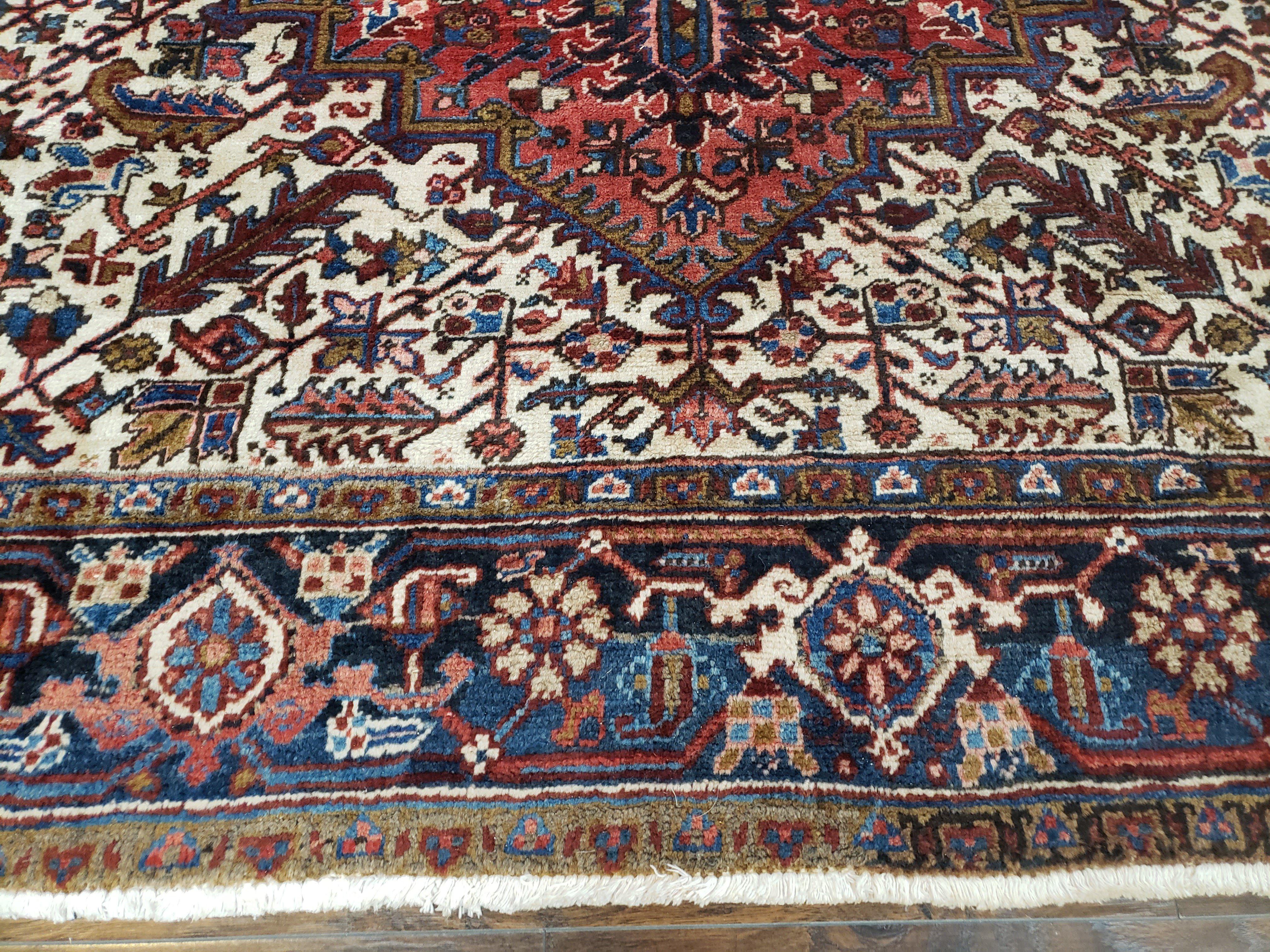 Antique Persian Heriz Rug, Hand-Knotted, Wool, Red Cream Dark Blue, 9' x 11' 10" - Jewel Rugs