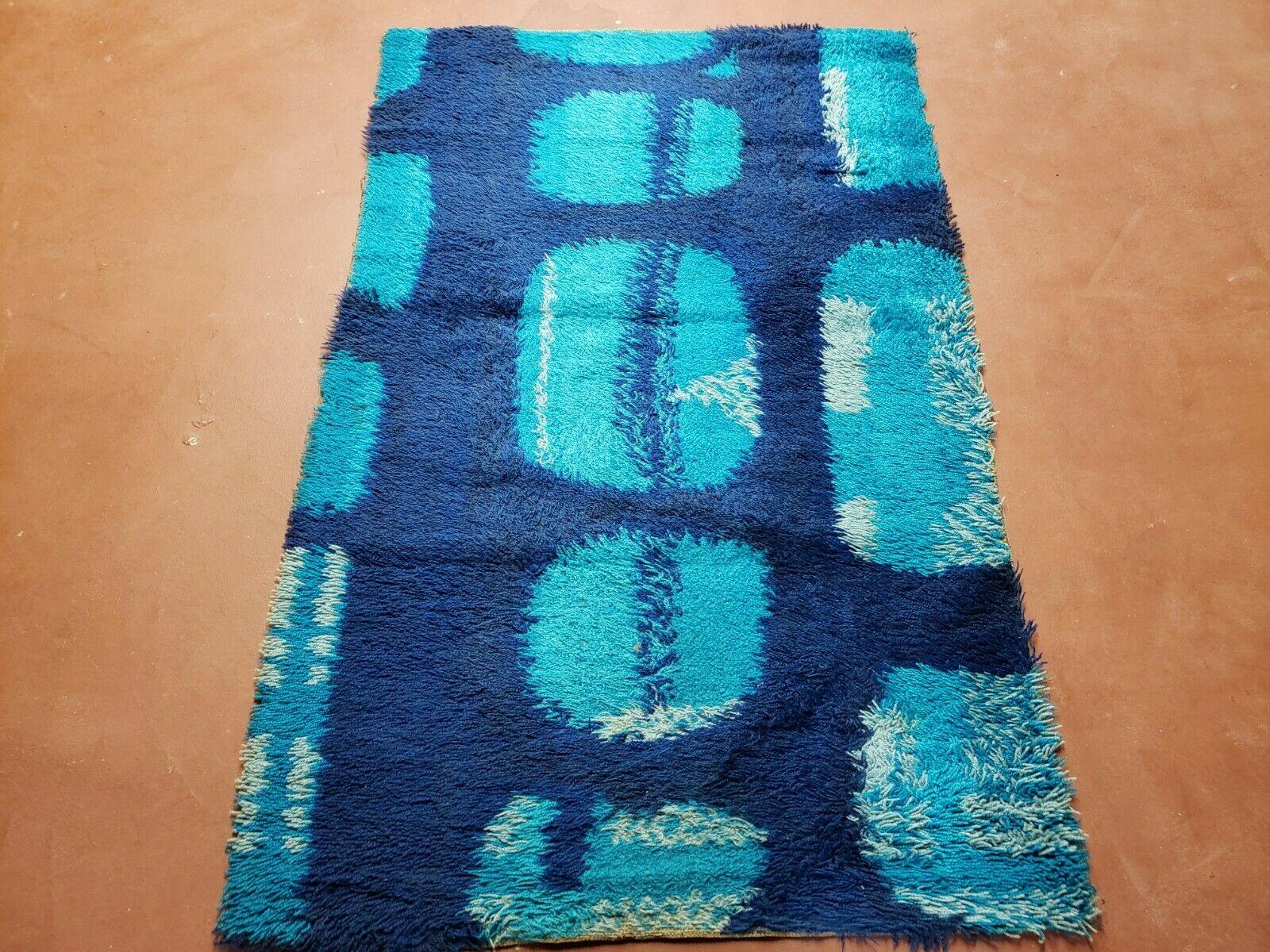 3' 3" X 5' 2" Vintage Danish Rya Shag DeLuxe Ege Rug Mid-Century Modern Blue - Jewel Rugs