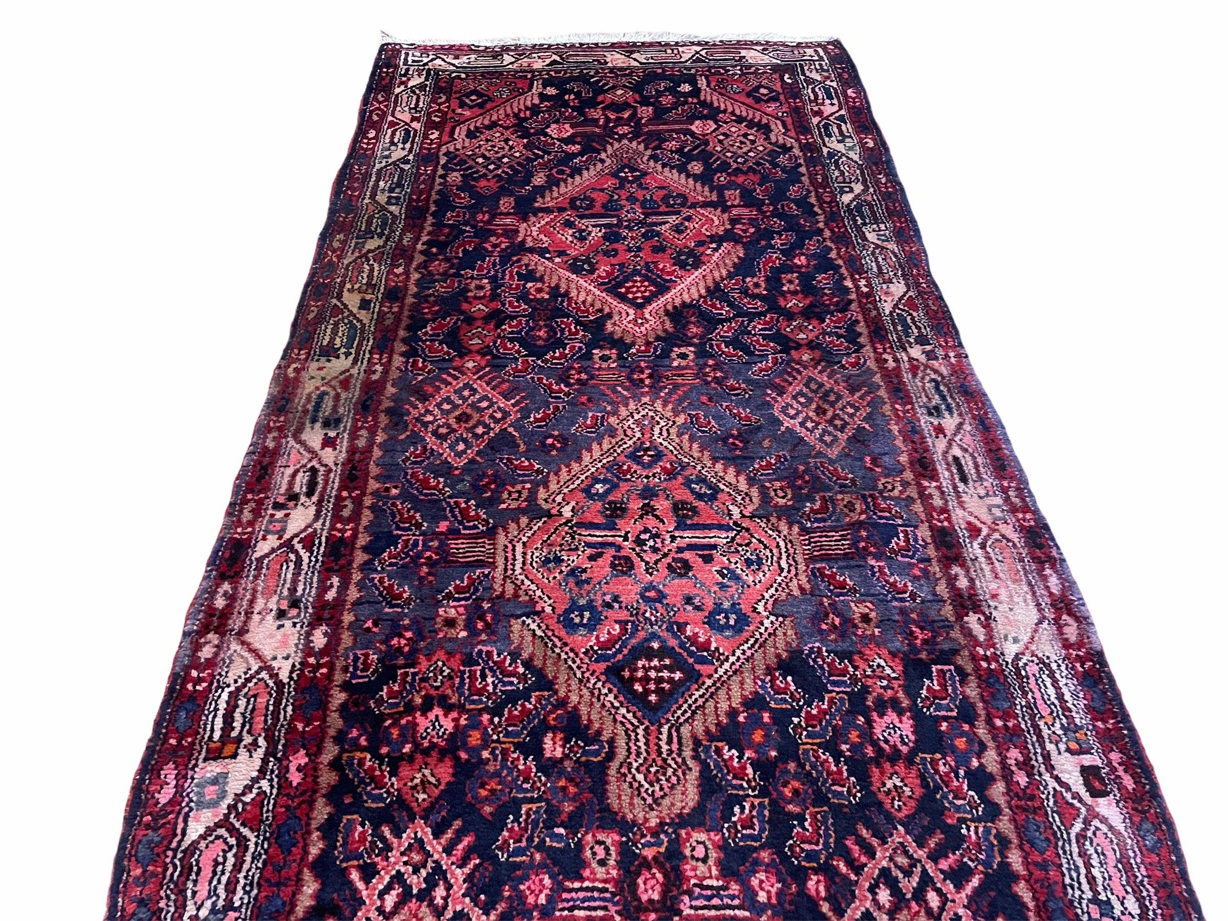 4 X 10 Antique Handmade Wool Tribal Runner Rug Geometric Organic Dyes Blue Red - Jewel Rugs