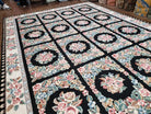 Floral Panel Needlepoint Rug, 9x13 - 10x14 Aubusson Rug, Large Needlepoint with Flowers, Black and Ivory Flatweave Aubusson, Multicolor - Jewel Rugs