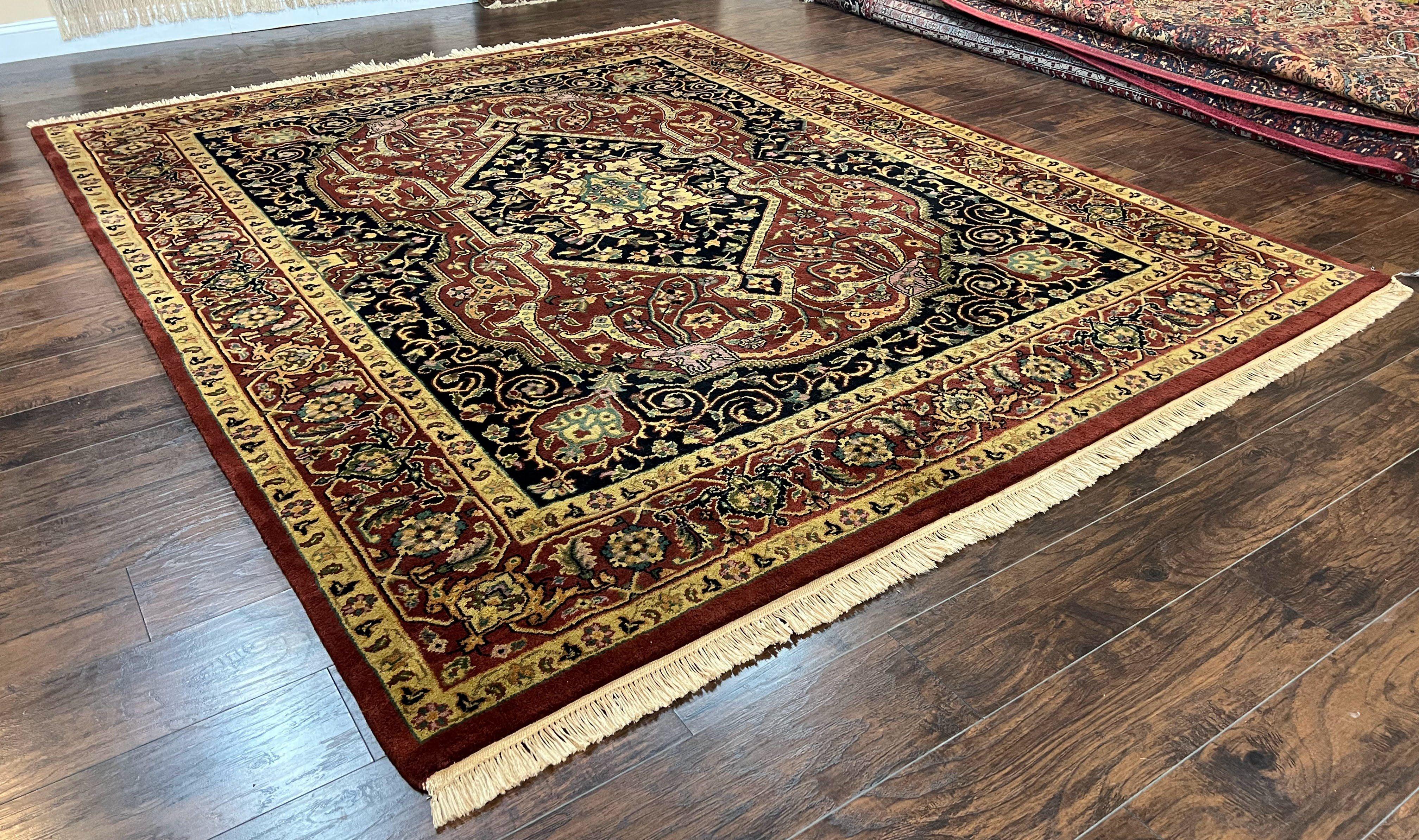 Indo Persian Rug 8x10, Vintage Persian Carpet, Red Black Gold, Central Medallion, Indian Heriz Bidjar Rug, Room Sized Wool Handmade Area Rug - Jewel Rugs