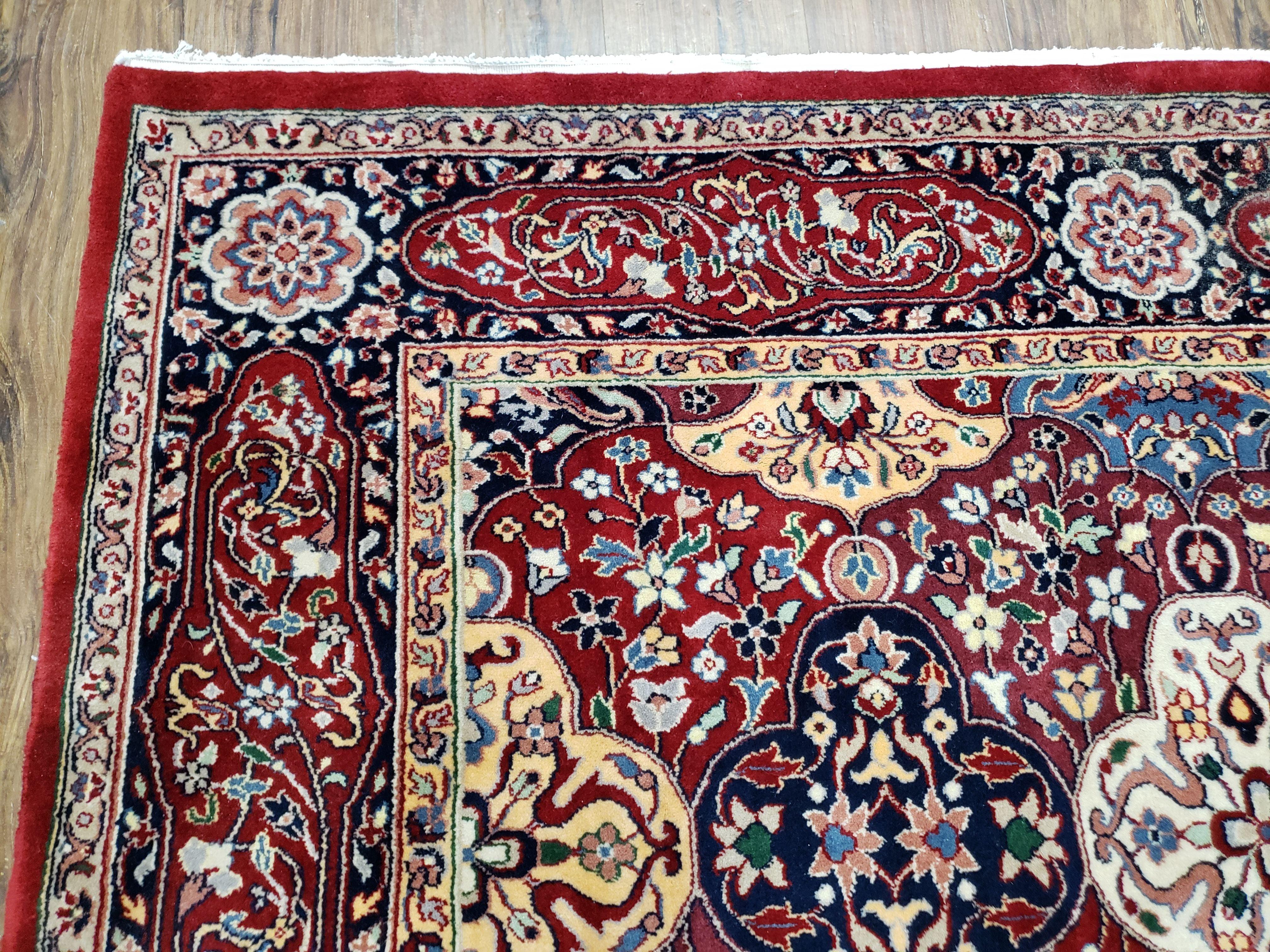 Vintage Indian Area Rug, Persian Design, Hand-Knotted Wool Carpet, Red Indo-Kirman Panel Design Rug, Birds, Floral, 6x9 Rug - Jewel Rugs