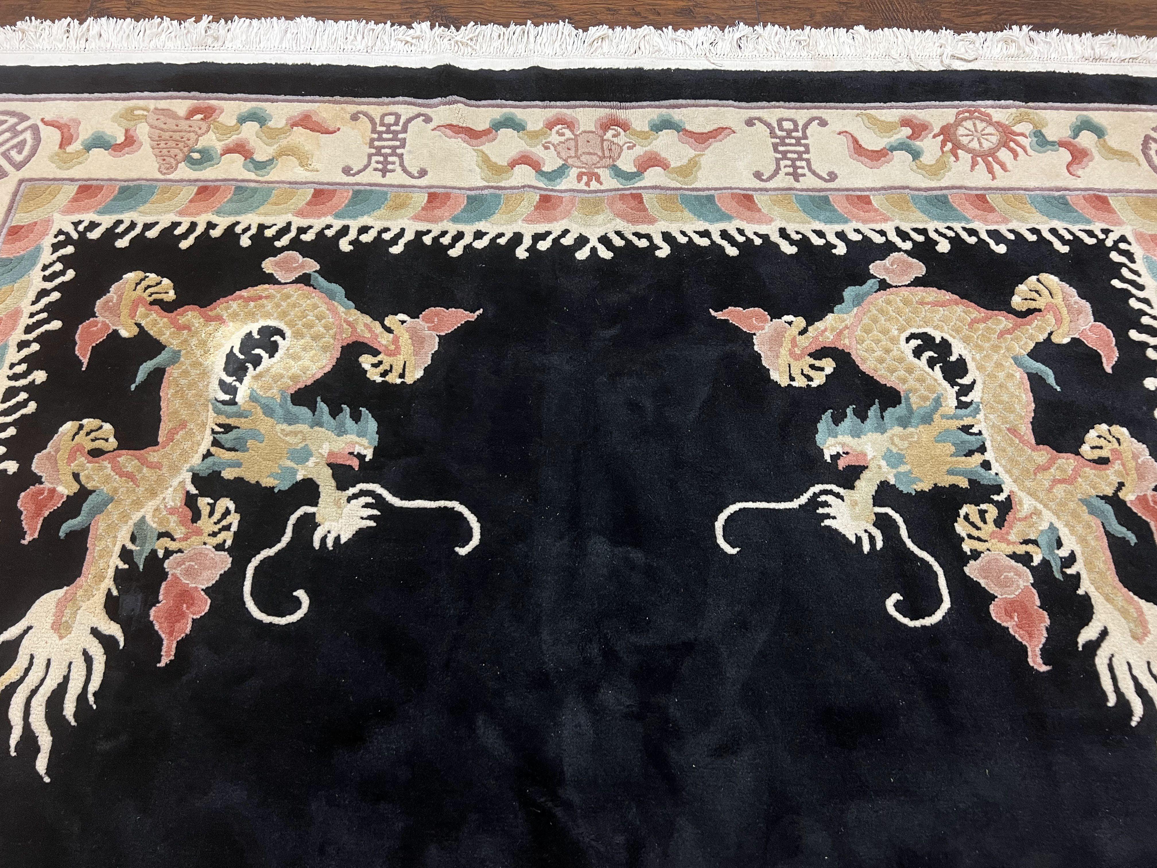 Chinese Wool Rug 8x11, Dragon Medallion and Dragon Corners, Black and Beige, Soft Wool, Asian Oriental Art Deco Carpet, Hand Knotted 90 Line - Jewel Rugs