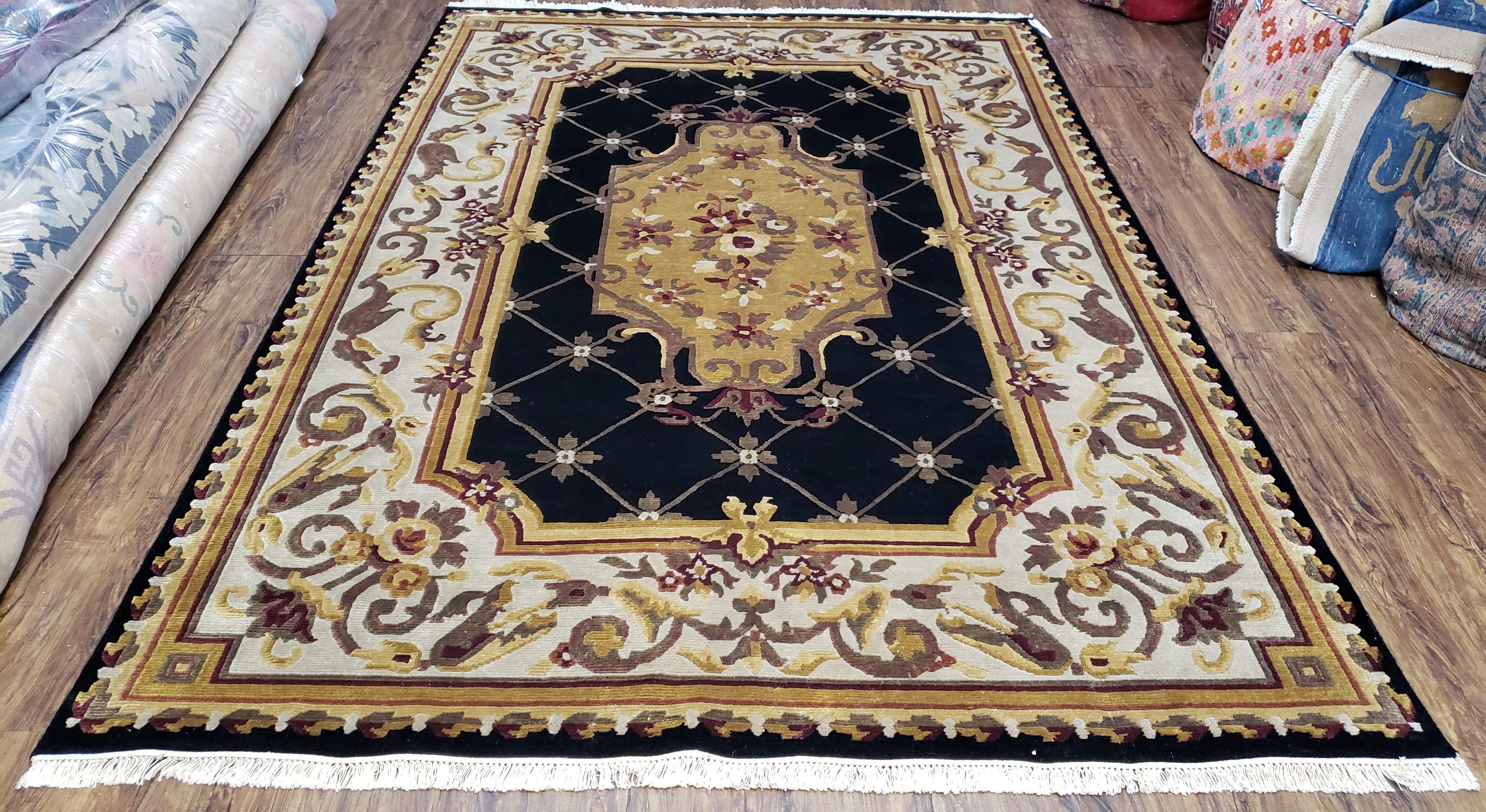 6x9 Nepalese Rug, Aubusson Savonnerie Area Rug 6 x 9 with Soft Pile, Hand-Knotted Wool Black & Beige Tibetan New Carpet European Design - Jewel Rugs