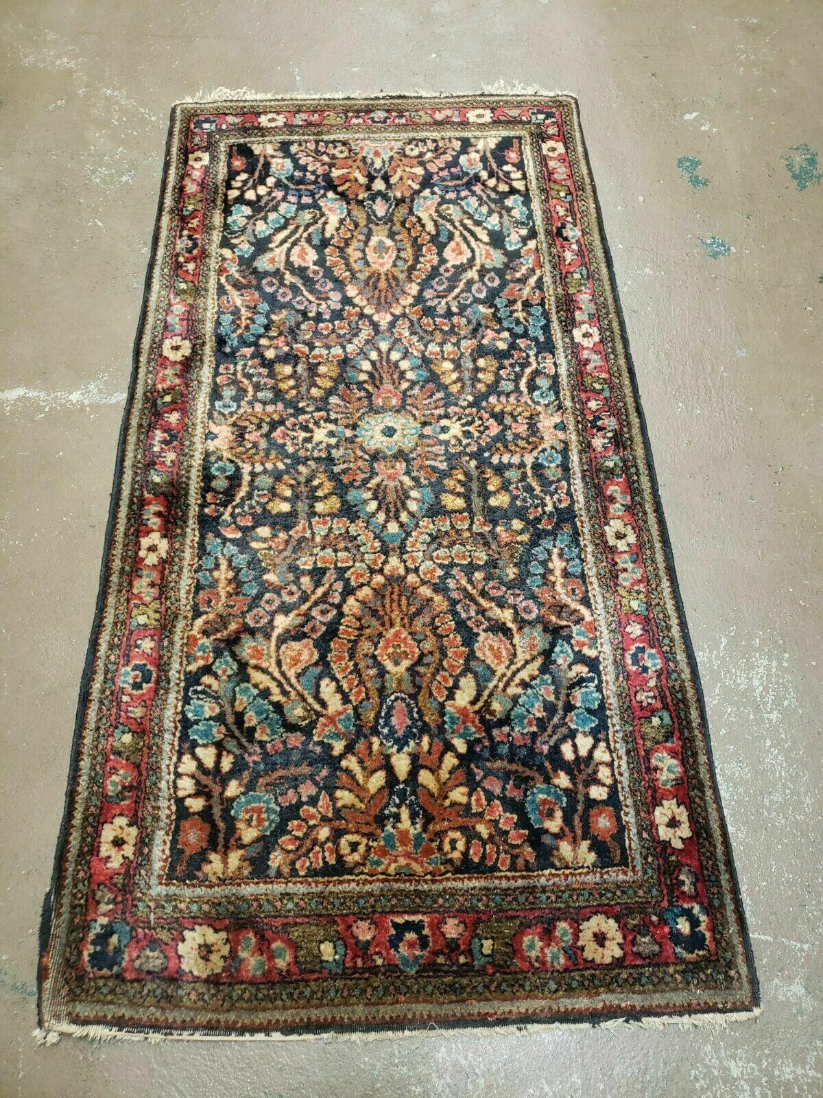 2' X 4' Antique Handmade Sarouk Floral Wool Rug Blue Organic Vegetable Dye Nice - Jewel Rugs