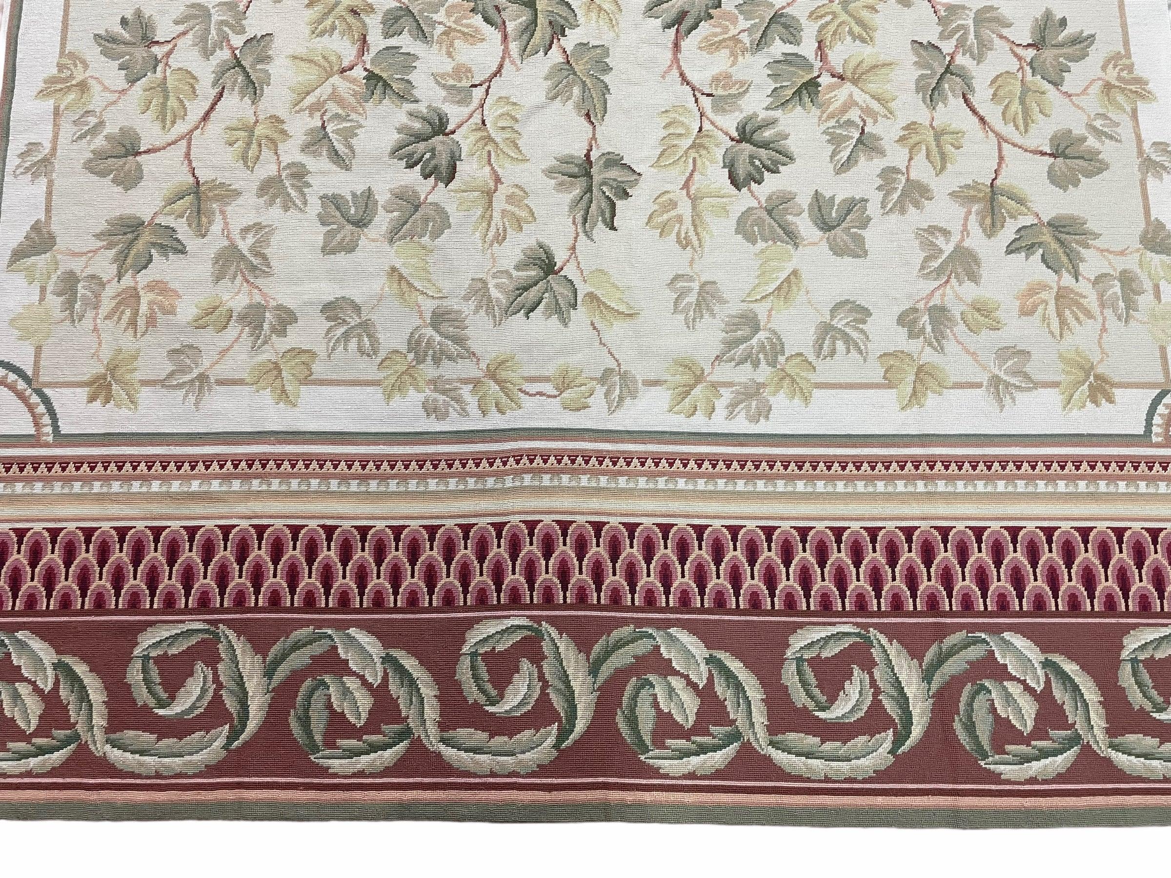 Traditional Aubusson Needlepoint Rug 9 x 12, Flowers, Flatweave Carpet, Hand-Knotted, Brand New, Cream Color, Green, Maroon Red, Wool - Jewel Rugs