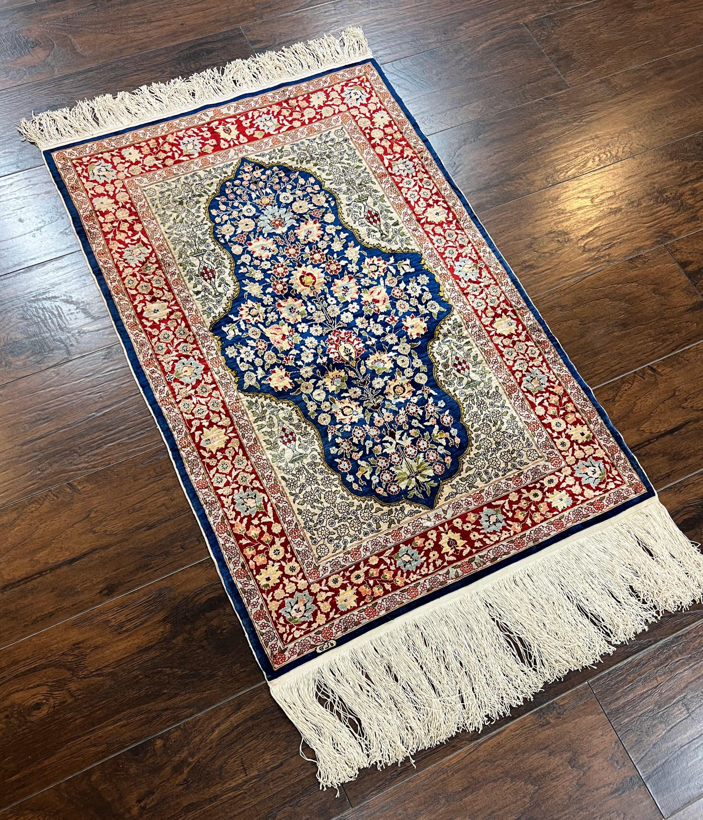 Authentic Silk Turkish Hereke Rug 2x3 ft with Signature, Wonderful Silk on Silk Small Hereke Carpet 2 x 3, Floral Navy Blue Dark Red Cream - Jewel Rugs