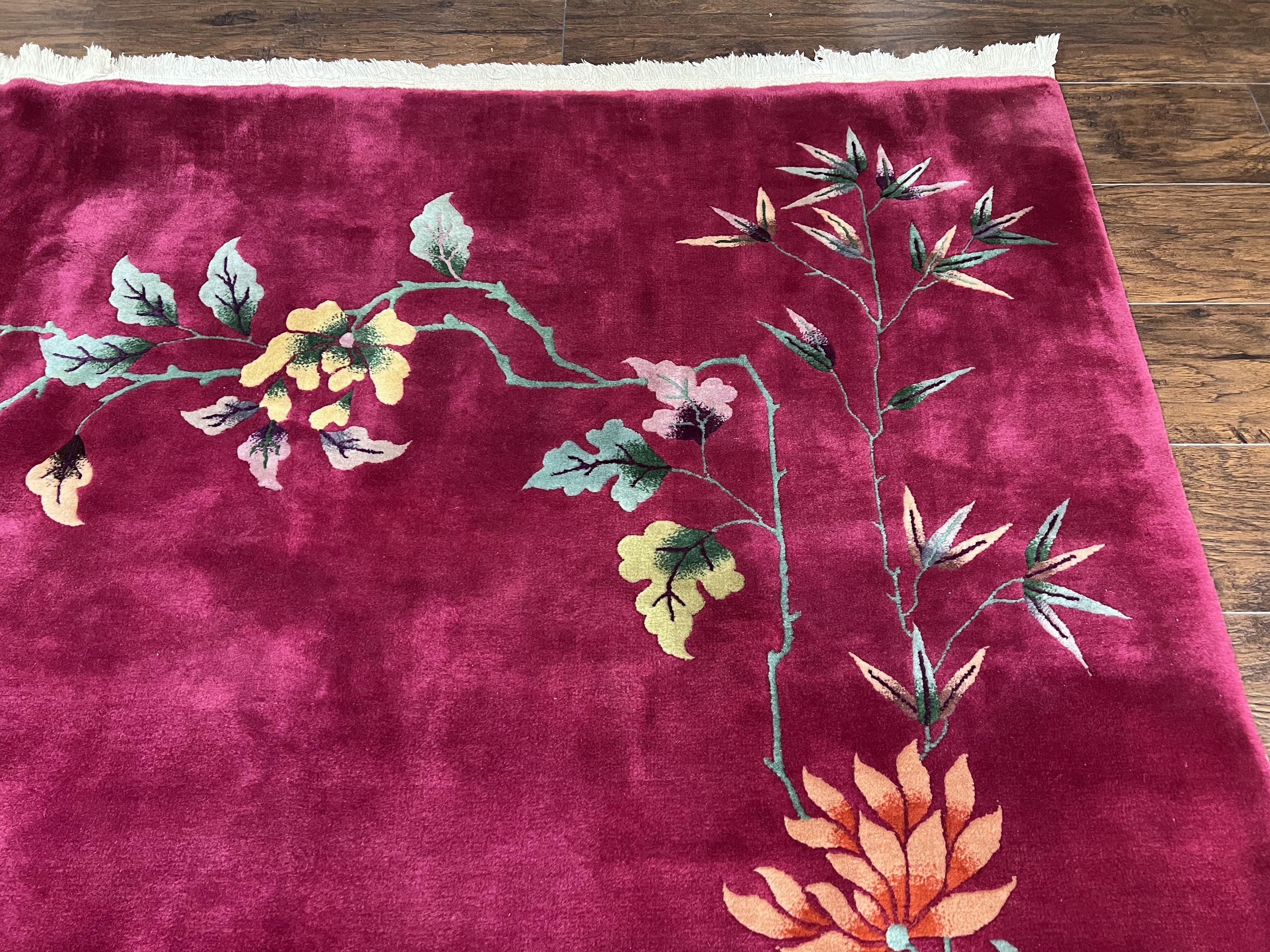 Antique Chinese Art Deco Rug 8.9 x 11.5, Chinese Nichols Carpet Purple/Red, Hand Knotted Wool Area Rug 9x12 Open Field Simple Design Flowers - Jewel Rugs