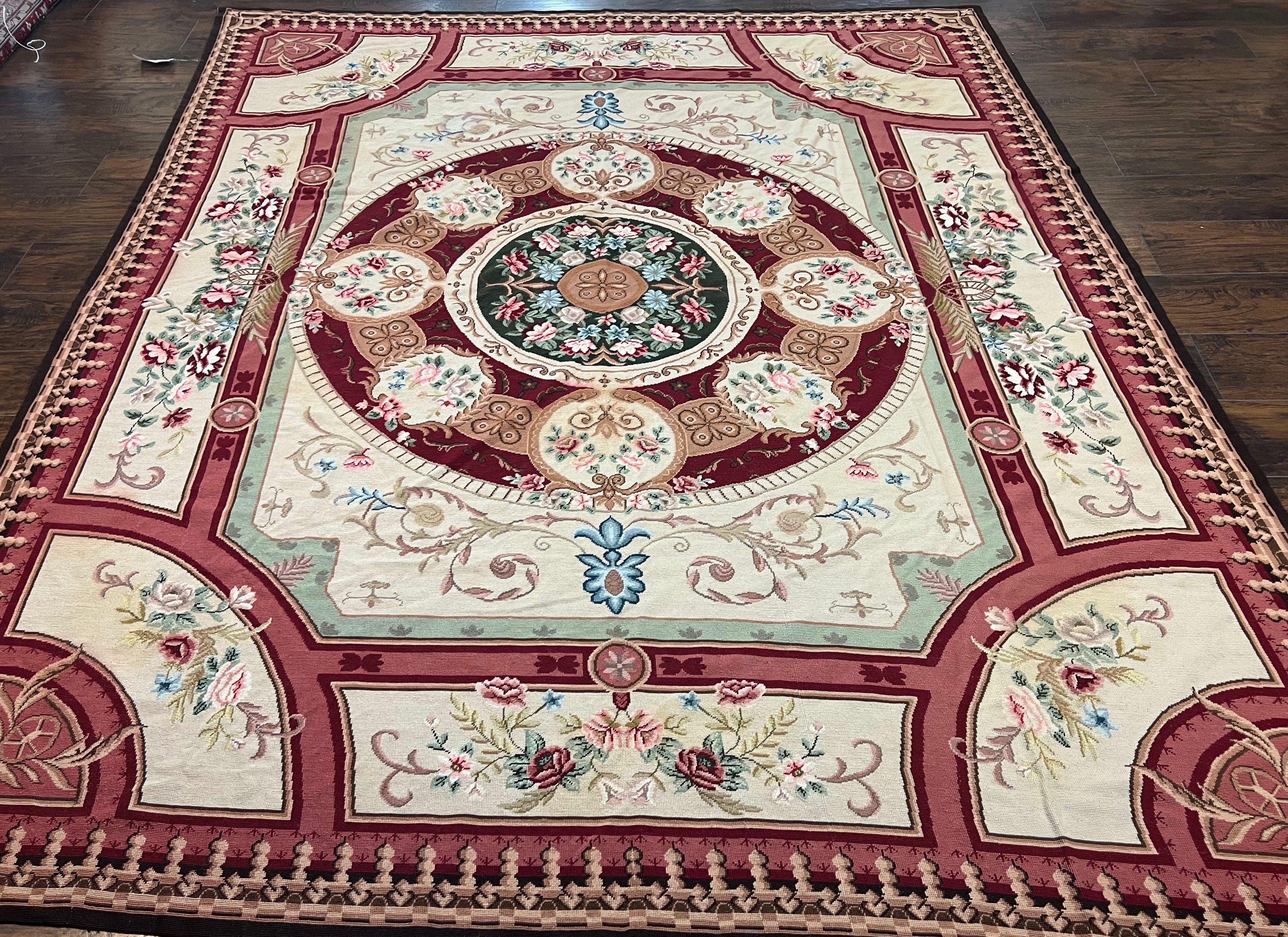 Needlepoint Rug 7.9 x 9, Beige Maroon Rose, Handmade Handwoven Flatweave Aubusson Savonnerie French European Elegant Carpet, Wool Rug - Jewel Rugs