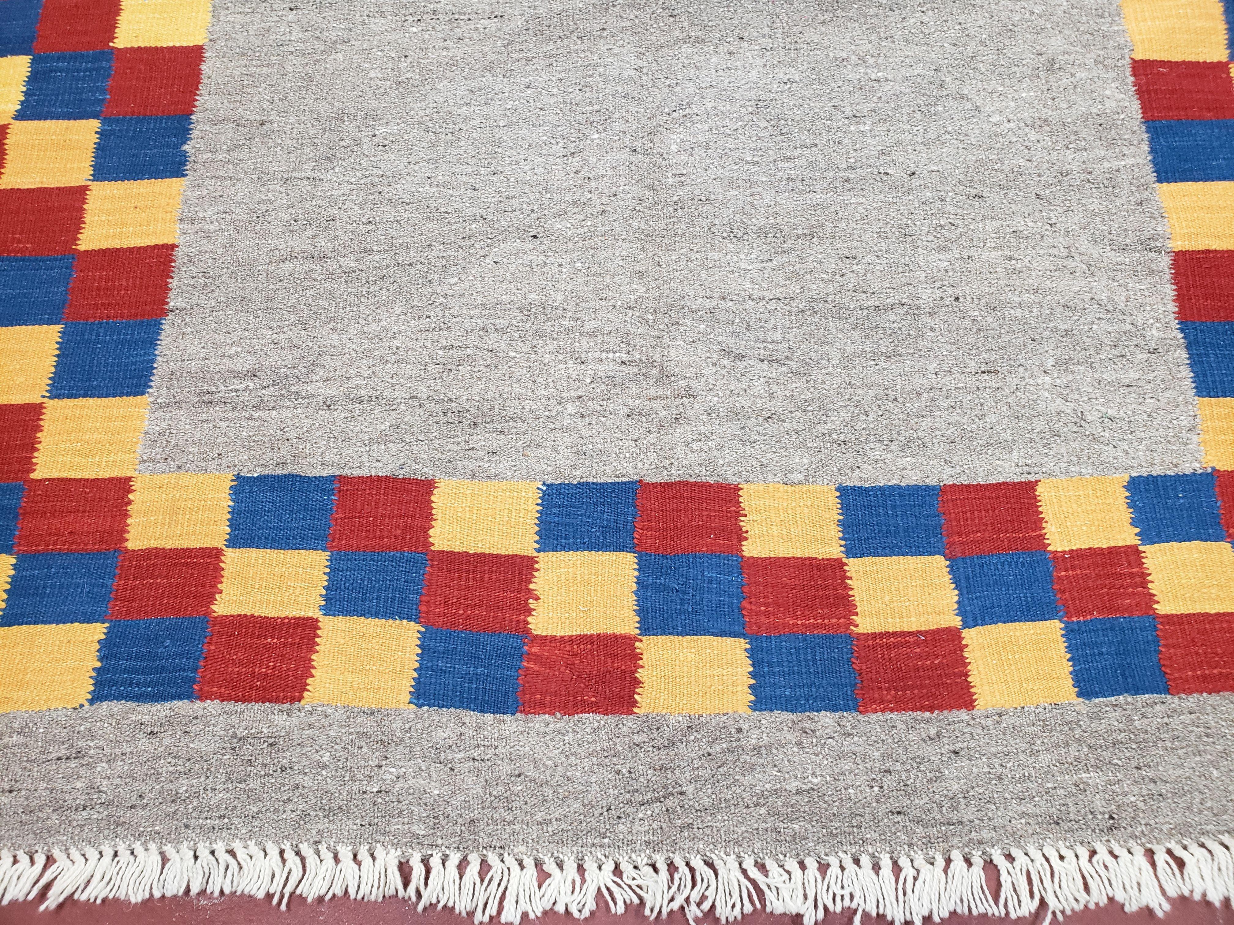 New Turkish Kilim Area Rug, Gray Carpet With Colorful Checker Border, 5'6" x 8", Flatweave Carpet, Playroom Rug, Kids Room Rug, Hand-Knotted - Jewel Rugs