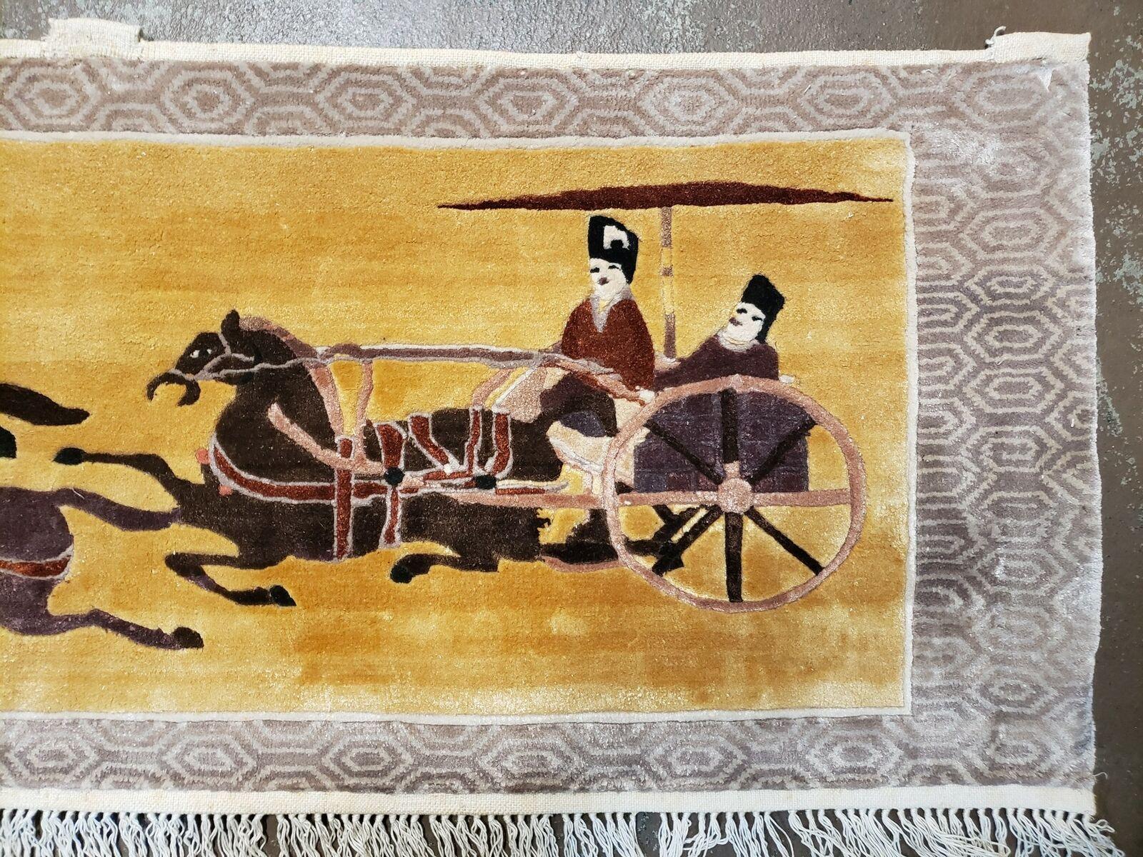 17" X 42" Handmade Chinese Silk Rug Horse Riding Carriage Ride Wall Hanging Wow - Jewel Rugs