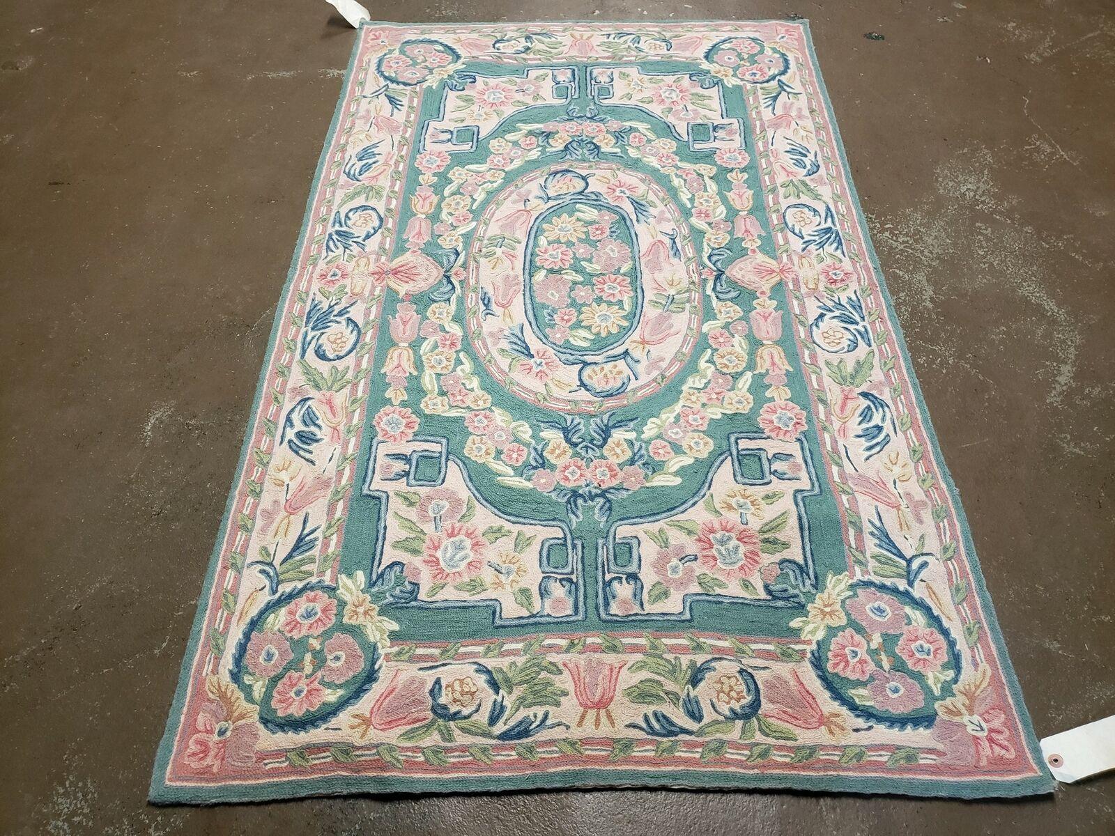 3' X 5' Hand Stitched Indian Wool Rug with Backing Green & Pink - Jewel Rugs