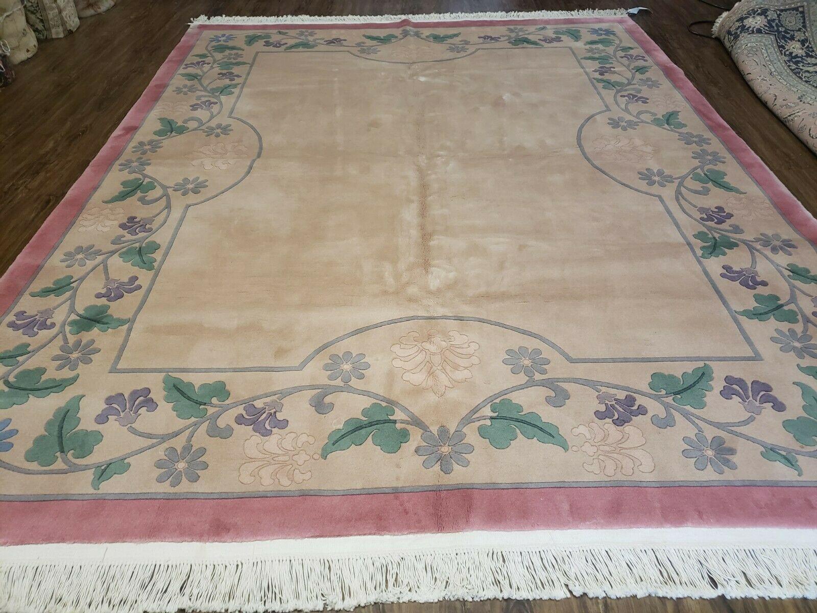 8' X 10' Vintage Handmade Chinese Art Deco 120 Lines Wool Rug Flowers Beige Wow - Jewel Rugs