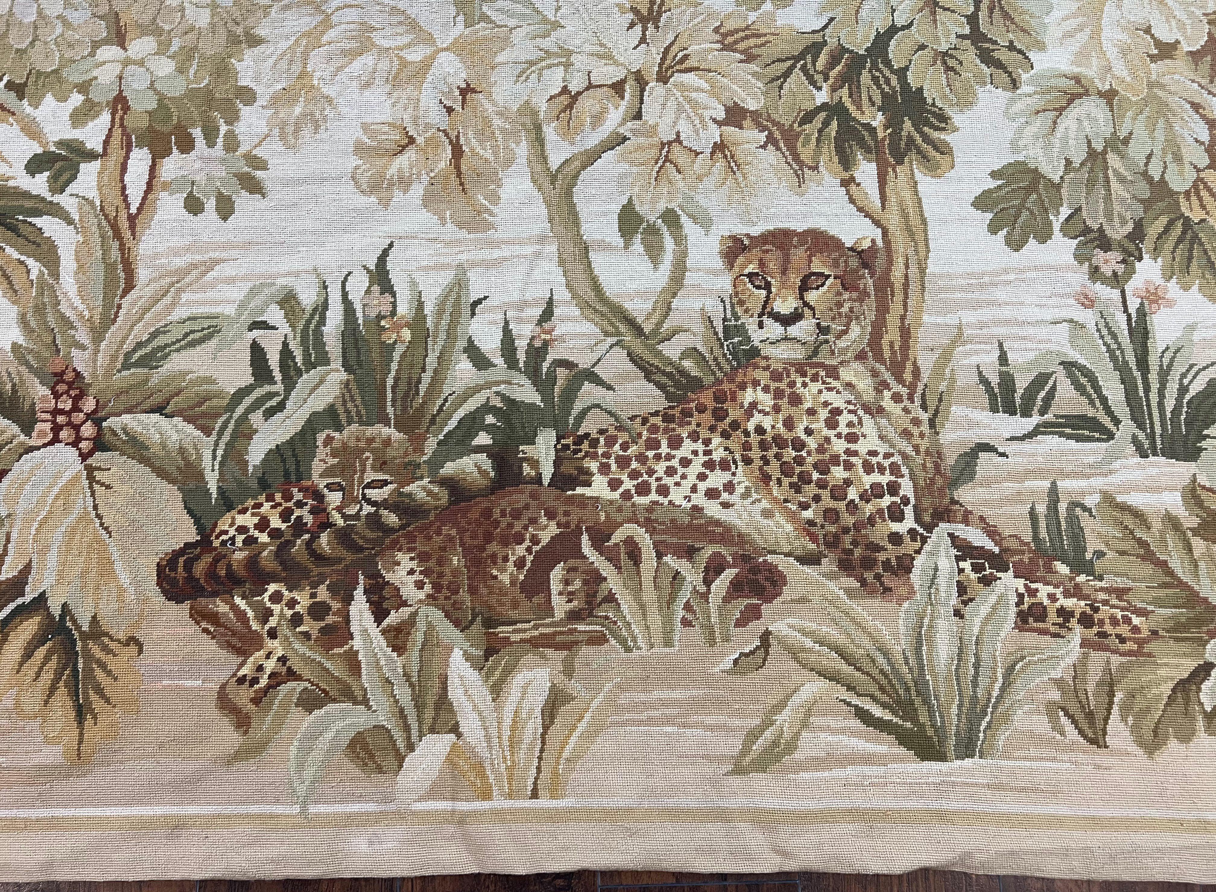 Needlepoint Rug 10x14, Floral Pattern with Leopards, Ivory Beige Tan, Handmade Wool Large Needlepoint Carpet 10 x 14 ft, Animal Pictorials - Jewel Rugs