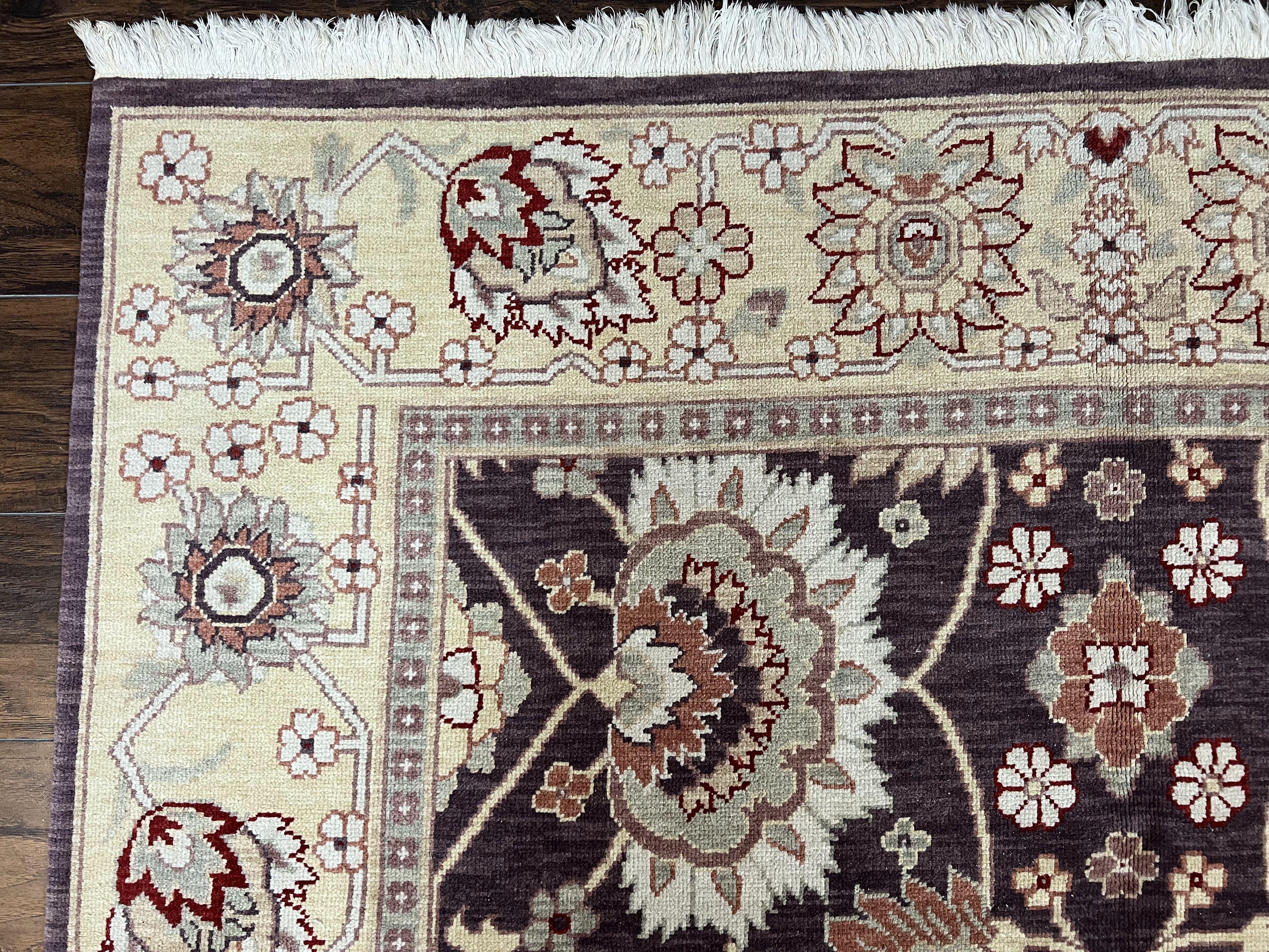 Vintage Indo Mahal Area Rug 6x9, Indian Persian Oriental Carpet 6 x 9, Puce Eggplant Tan Beige Rug, Hand-Knotted, Large Floral Design Wool - Jewel Rugs