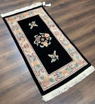 Small Chinese Wool Rug 2.6 x 4.7, Black Asian Oriental Rug, Floral Vases Vintage 1960s Handmade Carpet, 3x5 Art Deco Rug, 90 Line Rug - Jewel Rugs