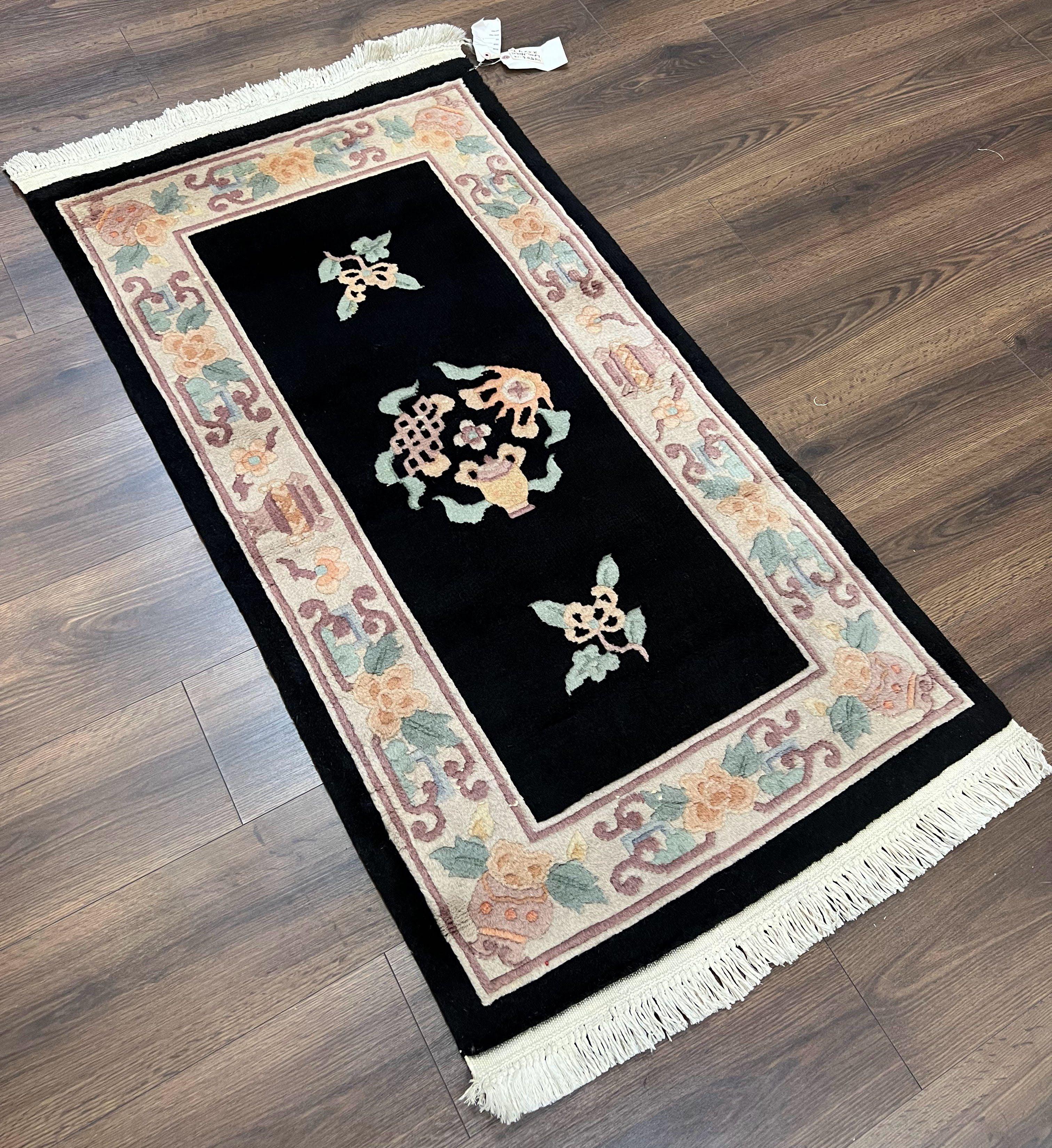 Small Chinese Wool Rug 2.6 x 4.7, Black Asian Oriental Rug, Floral Vases Vintage 1960s Handmade Carpet, 3x5 Art Deco Rug, 90 Line Rug - Jewel Rugs