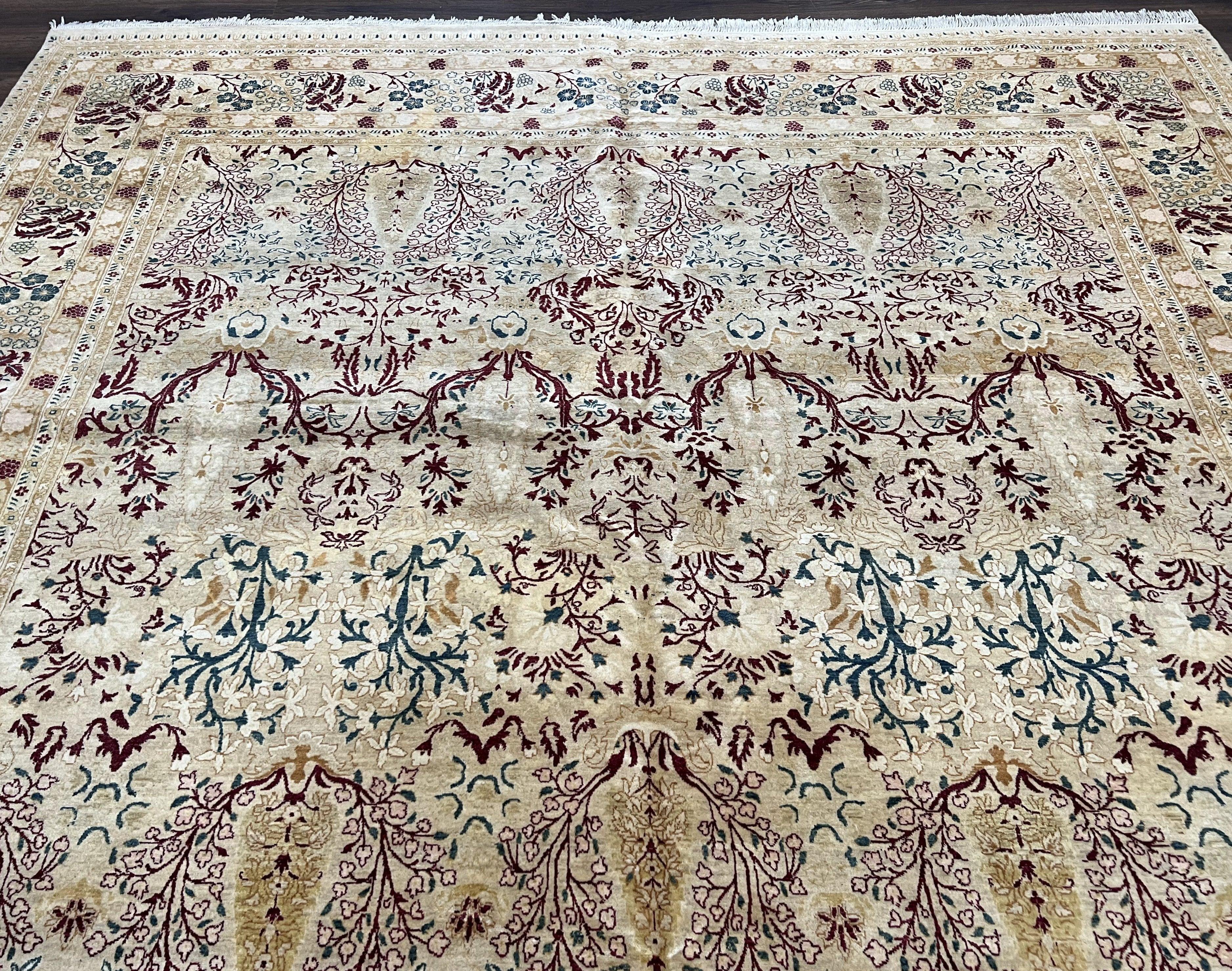 Fine Pak Persian Rug 9x12, Repeated Allover Floral Cypress Tree Motif, Cream and Dark Blue, Hand Knotted Pakistani Oriental Carpet 9 x 12 - Jewel Rugs