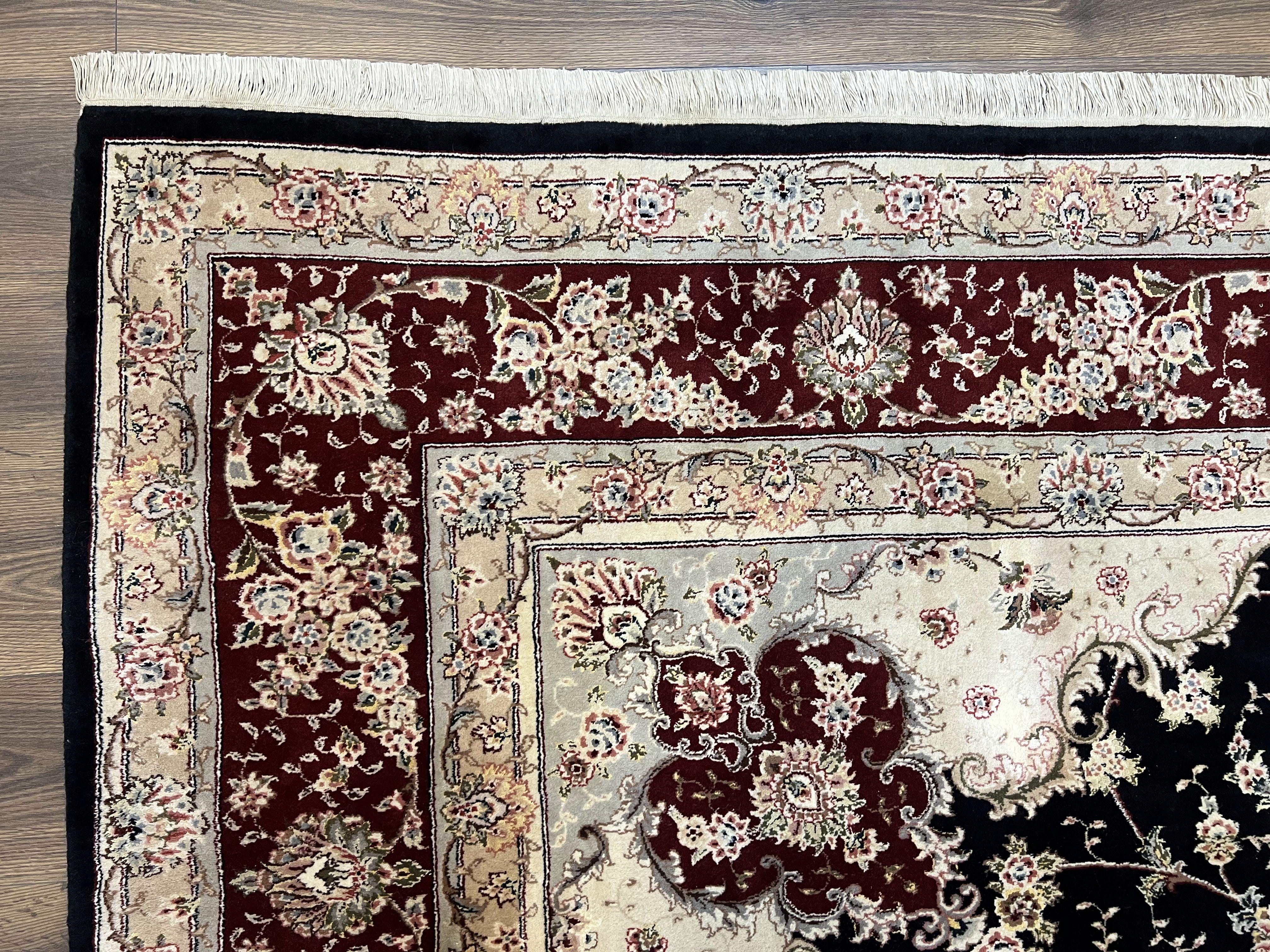 Pak Persian Rug 8.8 x 10.6, Floral Medallion, Wool and Silk Hand Knotted Fine Oriental Carpet, Elegant Rug, Black Gray Burgundy, Room Sized - Jewel Rugs