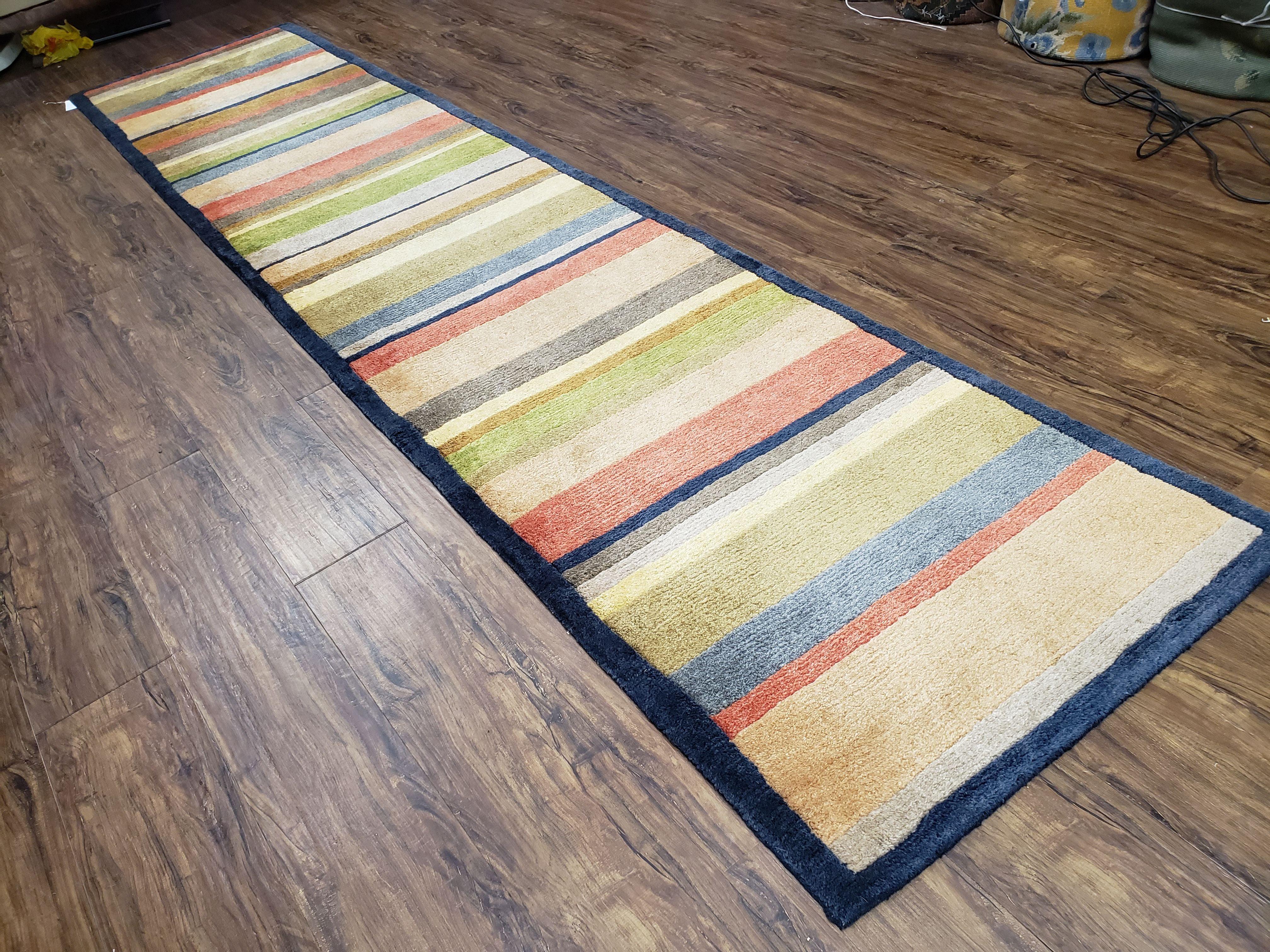 Colorful Tibetan Runner Rug, 2'7" x 11' 9", Striped Runner, Soft Wool Pile, Plush, Hand-Knotted, Multicolor, 12 ft Runner - Jewel Rugs