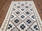 Semi Antique South American Blanket 4x8, Wool Hand-Woven Flatweave Kilim Rug, Handmade Antique Vintage Runner, Ivory & Blue, Diamond Panel - Jewel Rugs