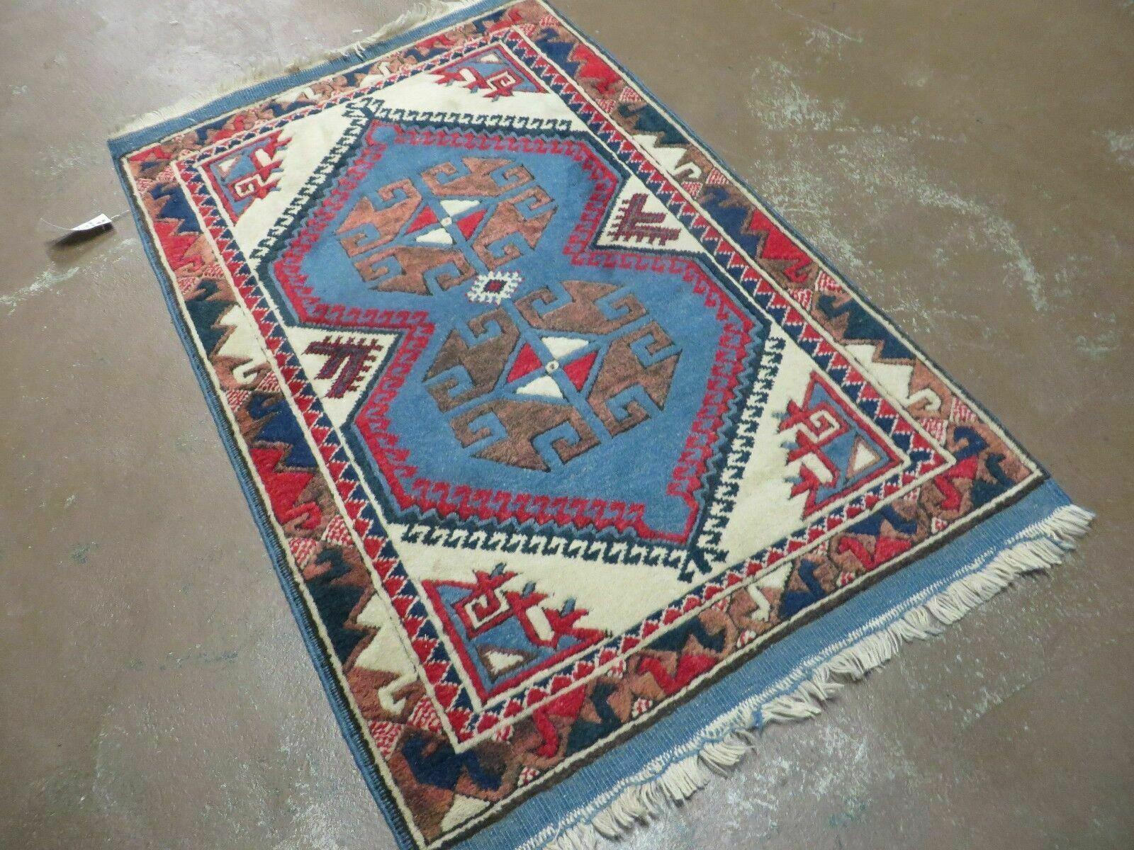 2' 6" X 4' Vintage Handmade Turkish Kazak Pattern Wool Rug Blue Beige and Red Accent Rug - Jewel Rugs