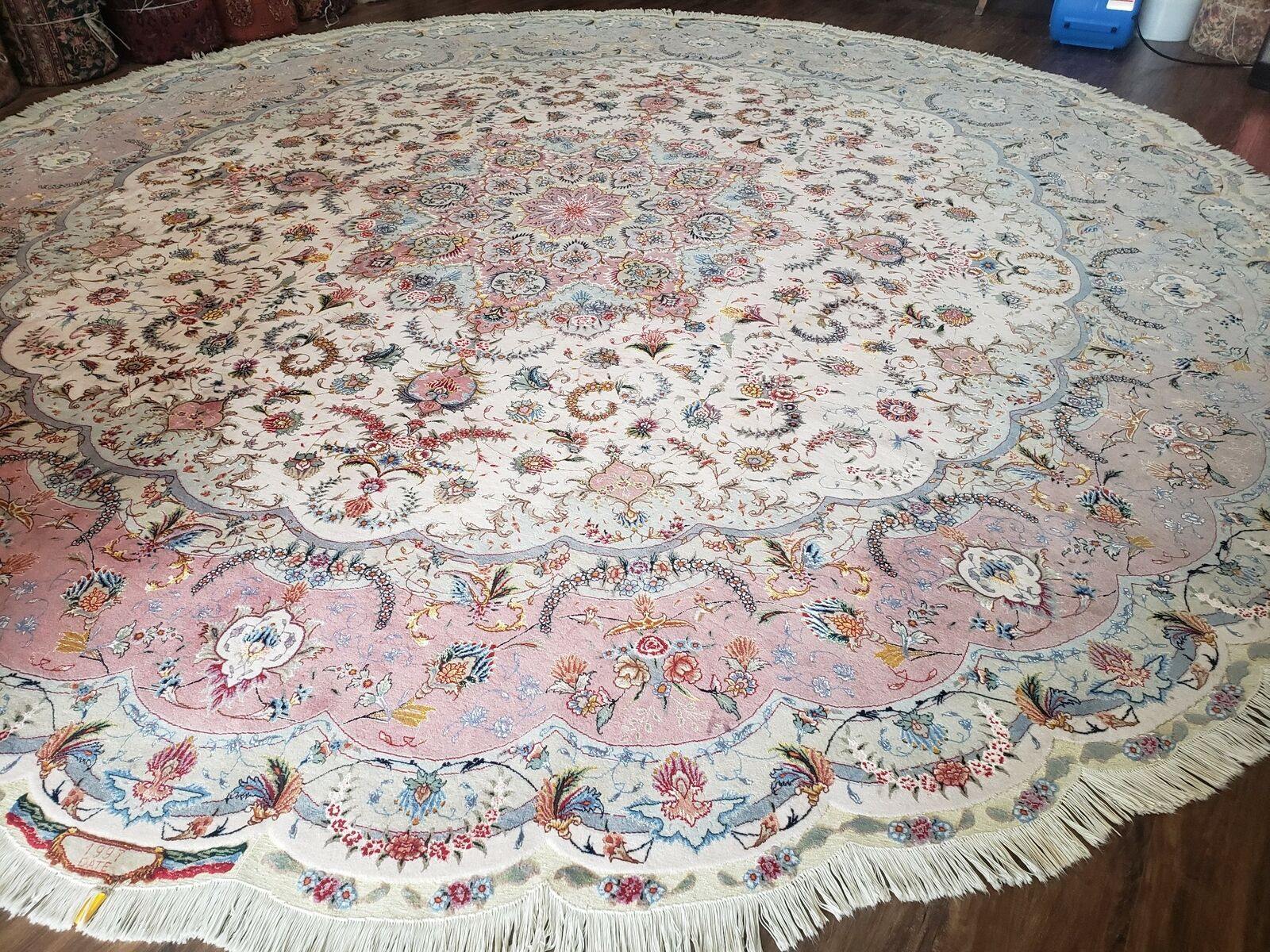 13' X 13'6" Authentic Fine Handmade Persian Tabriz Wool & Silk Rug Signed Oval Round Ivory Pink Wow - Jewel Rugs