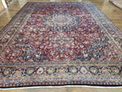 Antique Persian Mashad Rug, Palace Size, Hand-Knotted, Wool, Allover Floral with Medallion, Ruby Red and Dark Blue, 11' x 15' - Jewel Rugs