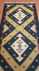 Vintage Indian Kilim Runner Rug, Geometric Flatweave Hand-Knotted Wool Kitchen Hallway Runner, Black Gold & Beige, 2' 8" x 9' 9" - Jewel Rugs