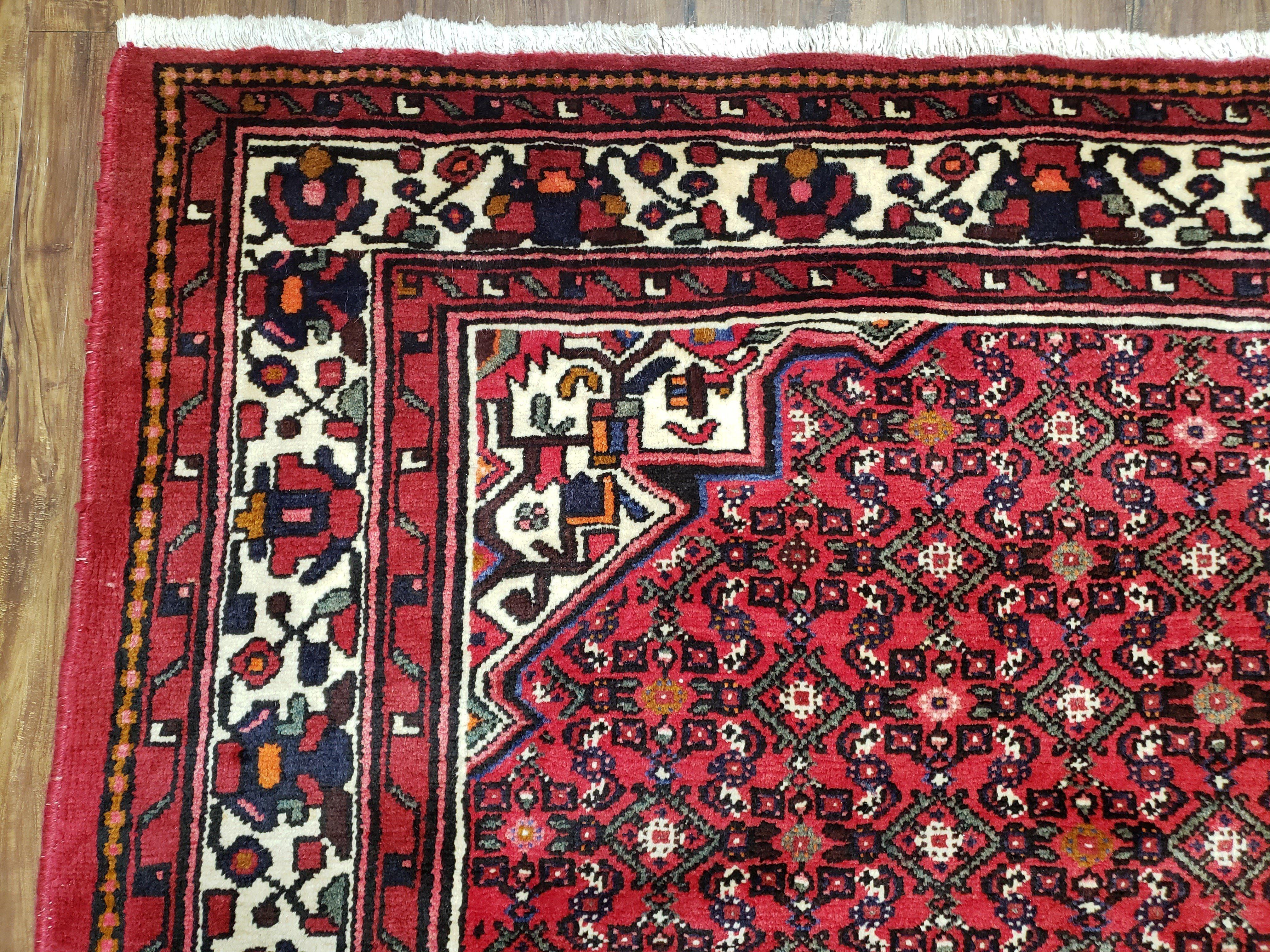 Vintage Persian Hamedan Rug, Angelas Mahi Pattern, Red, Wool, Hand-Knotted, 6'9" x 10' - Jewel Rugs