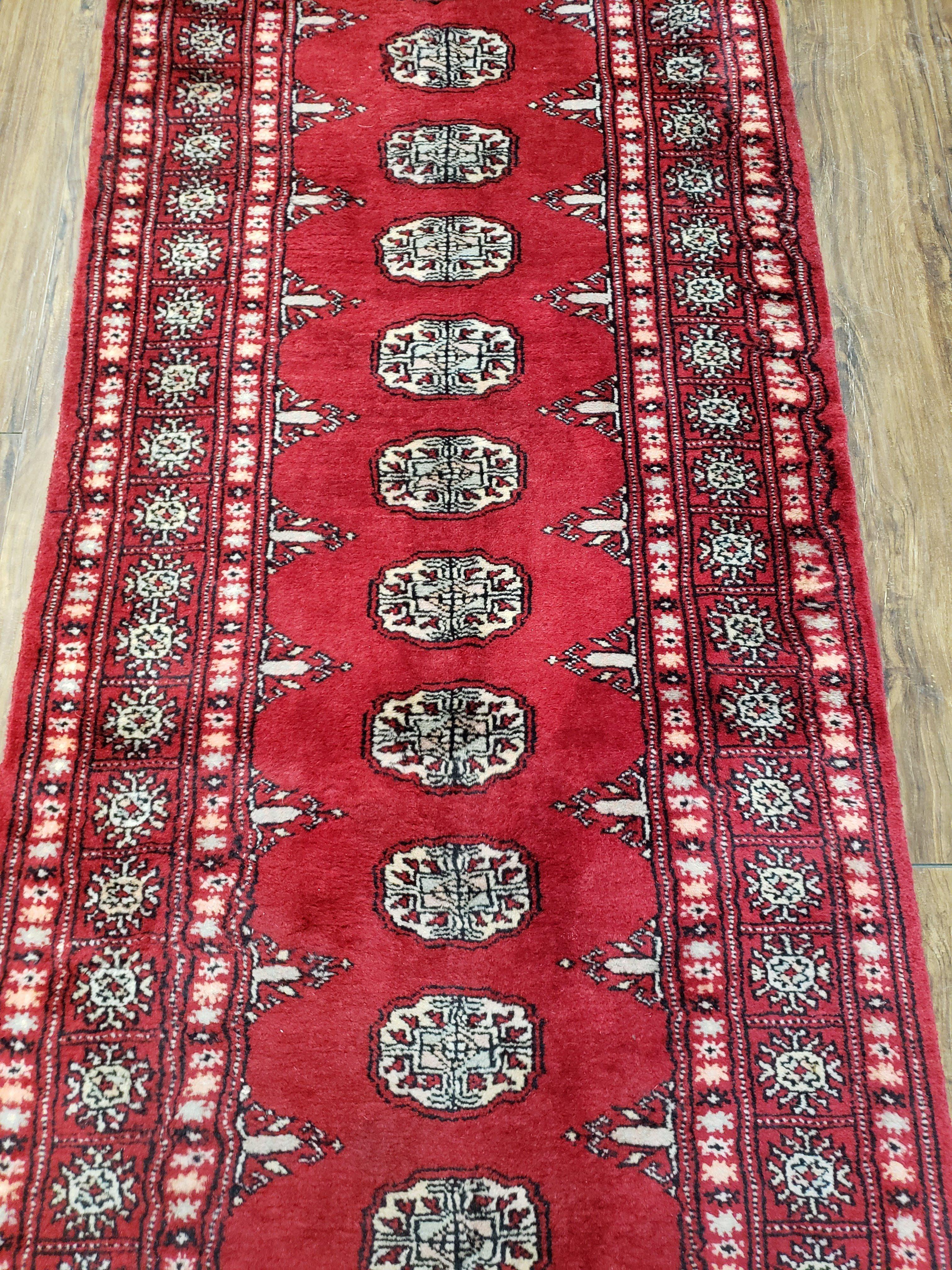 Vintage Bokhara Runner Rug 2.6 x 14, Wool Hand-Knotted Red & Ivory Pakistani Turkoman Yamud Hallway Carpet, Long Skinny Oriental Runner 14ft - Jewel Rugs