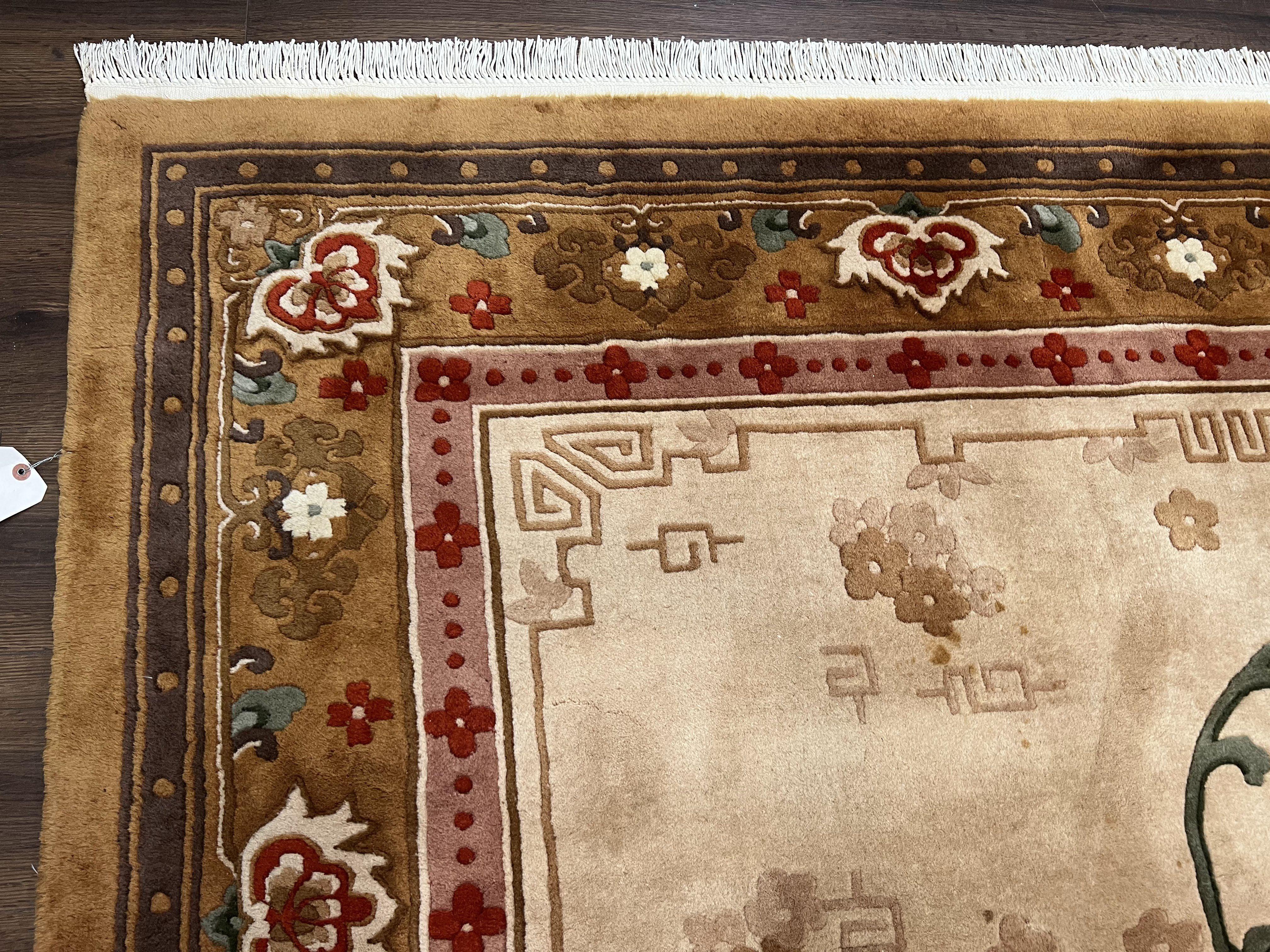 Chinese Wool Rug 9x12, Tan and Brown Asian Art Deco Carpet, Vintage 1960s Oriental Rug 9 x 12 Hand-Knotted Rug, Soft Wool, Medallion, Pair A - Jewel Rugs