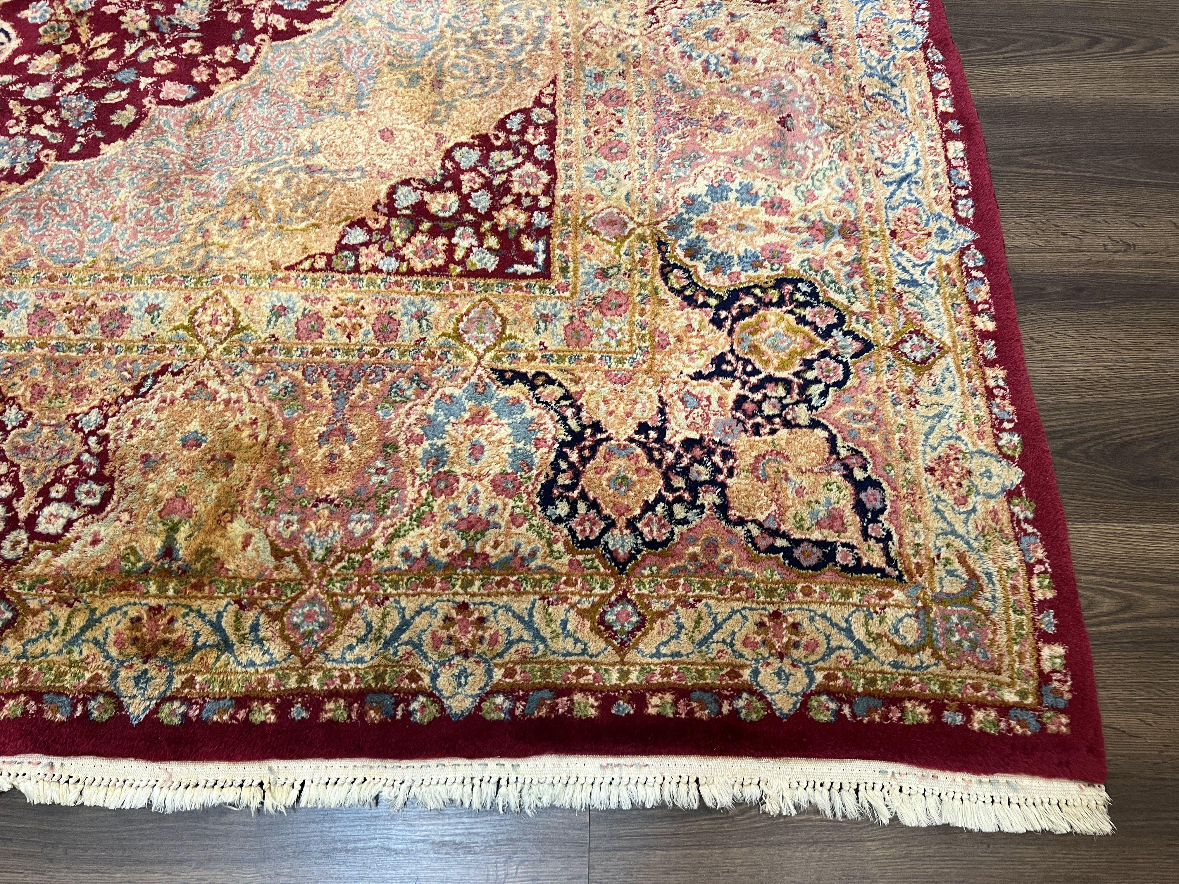 Persian Rug 9x12, Kirman DeLuxe, Millefleur Floral Medallion Carpet, Maroon Light Blue Beige, Semi Antique Authentic Hand Knotted Wool Rug - Jewel Rugs