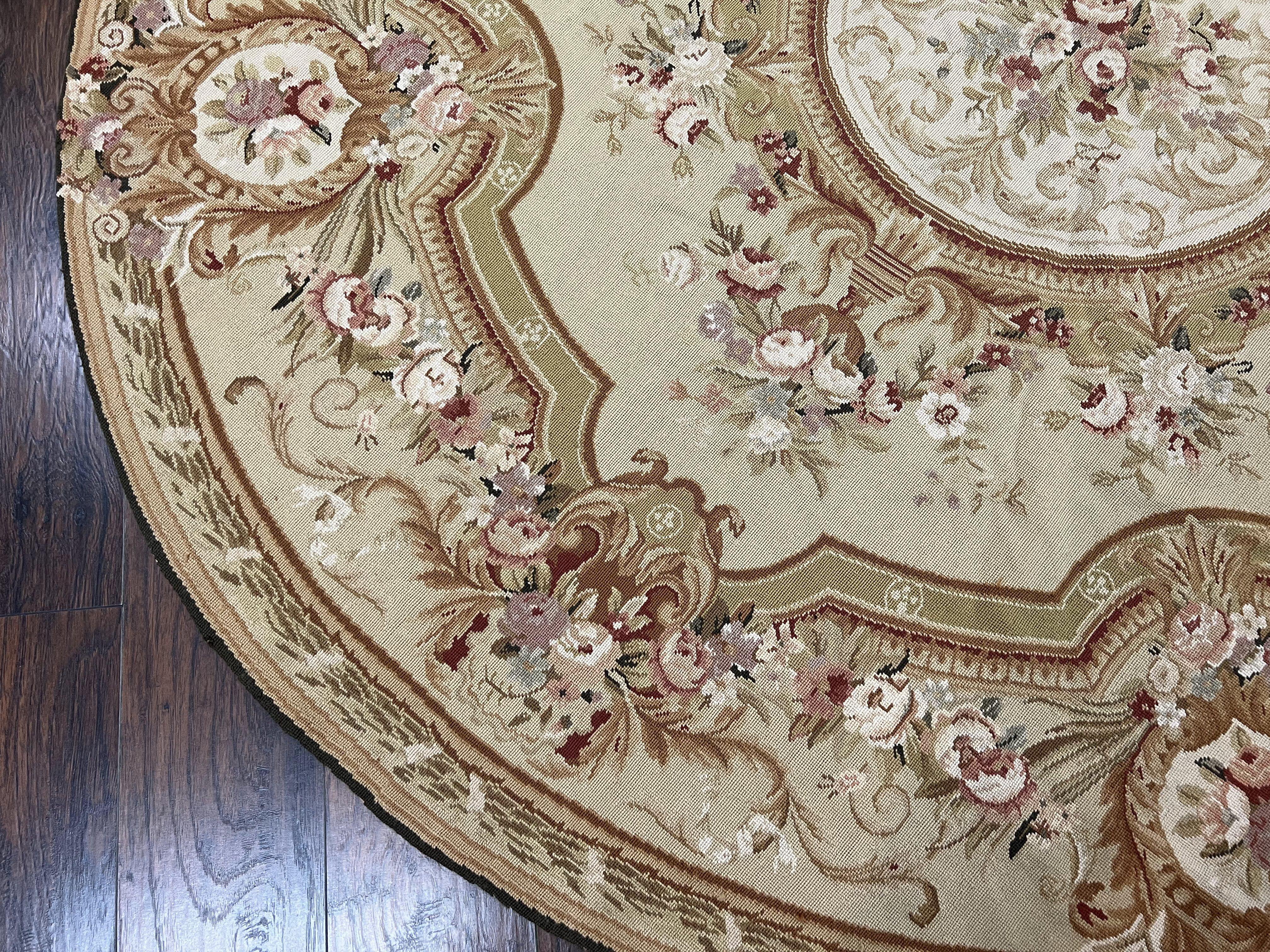 Round Needlepoint Rug 7x7 ft, Aubusson Savonnerie Round Carpet, Large Round Needlepoint, Elegant, Beige and Cream, Floral, Wool Handmade Rug - Jewel Rugs