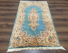 Persian Kirman Rug 3x5, Oriental Persian Carpet 3 x 5, Wool Vintage Hand-Knotted Rug Floral Medallion Semi Open Field Small Light Blue Beige - Jewel Rugs