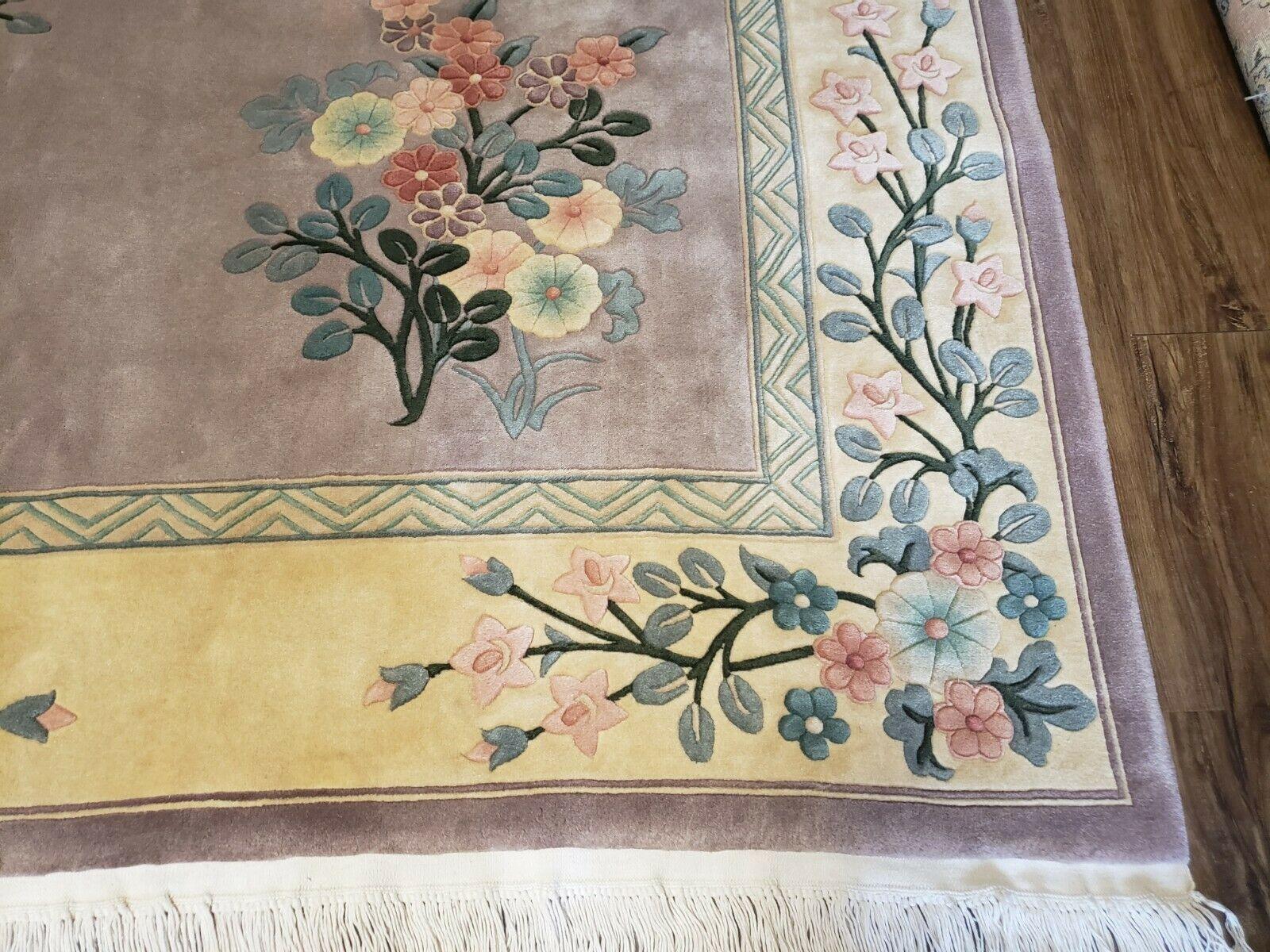 8' X 10' Vintage Handmade Chinese Art Deco 120 Lines Wool Rug Flowers Mauv - Jewel Rugs