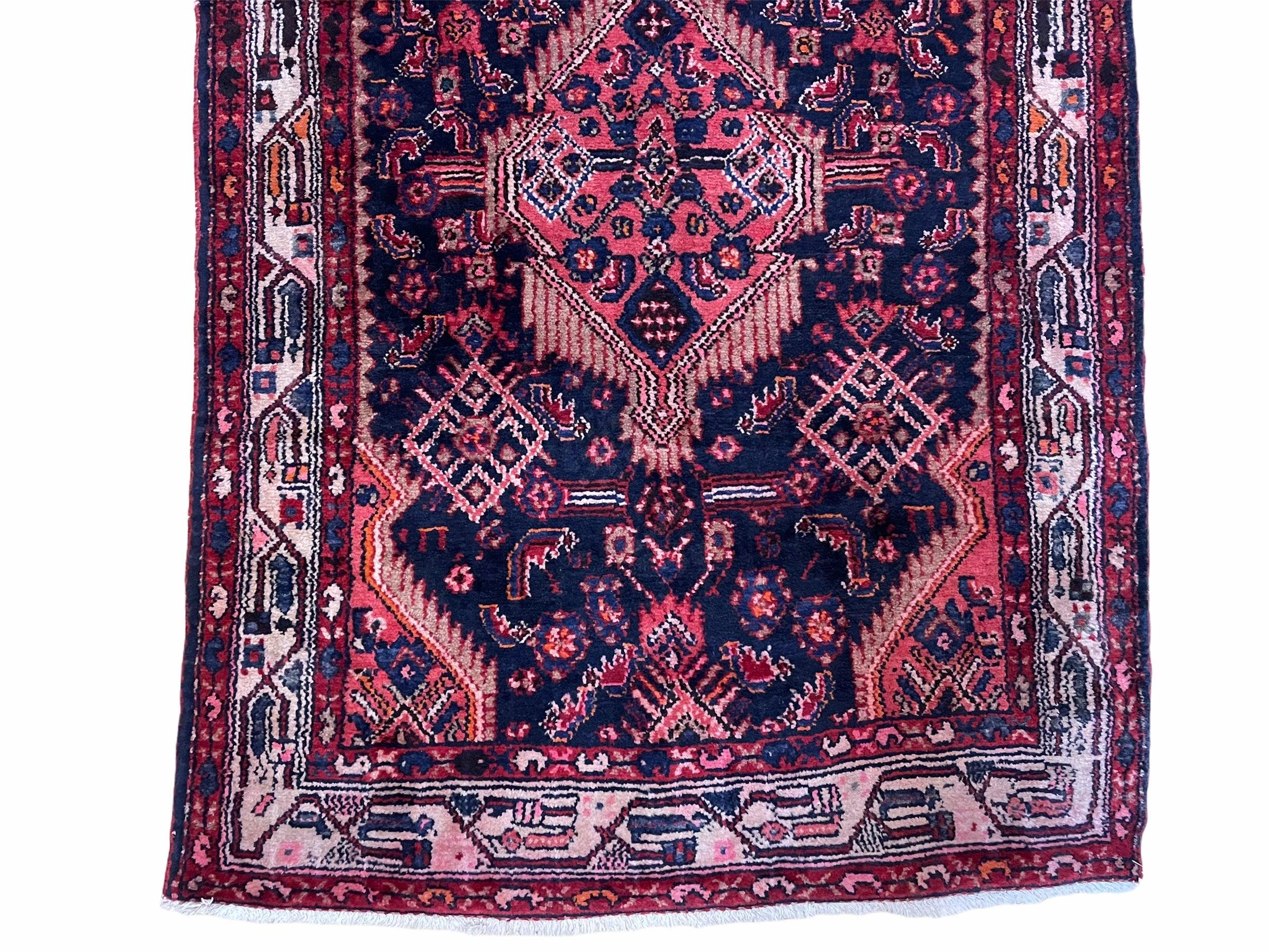 4 X 10 Antique Handmade Wool Tribal Runner Rug Geometric Organic Dyes Blue Red - Jewel Rugs