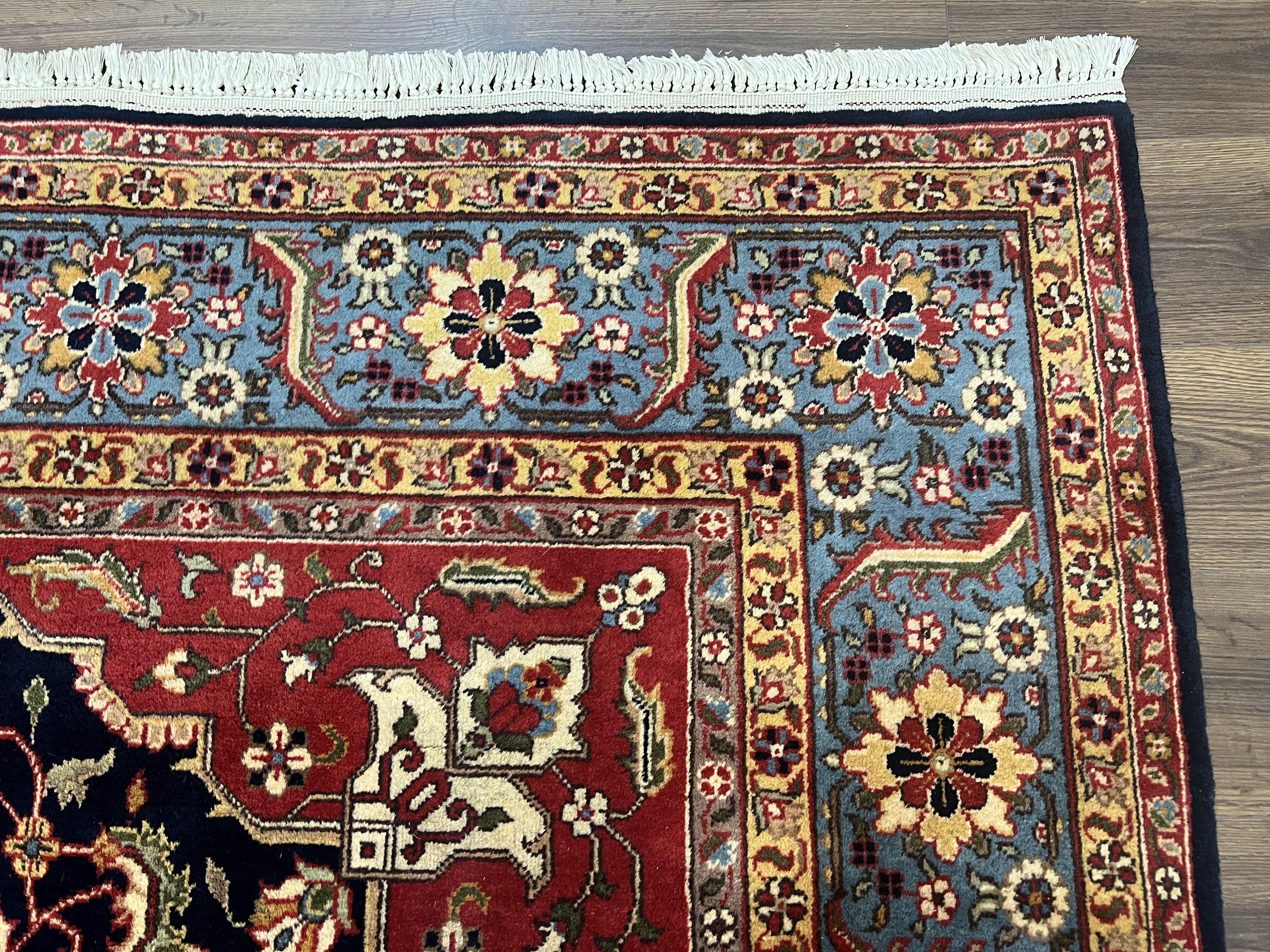 Indo Persian Square Rug 8x8, Vintage Indian Heriz Oriental Carpet, Large Floral Medallion, Red and Navy Blue, Hand-Knotted Square Shaped Rug - Jewel Rugs