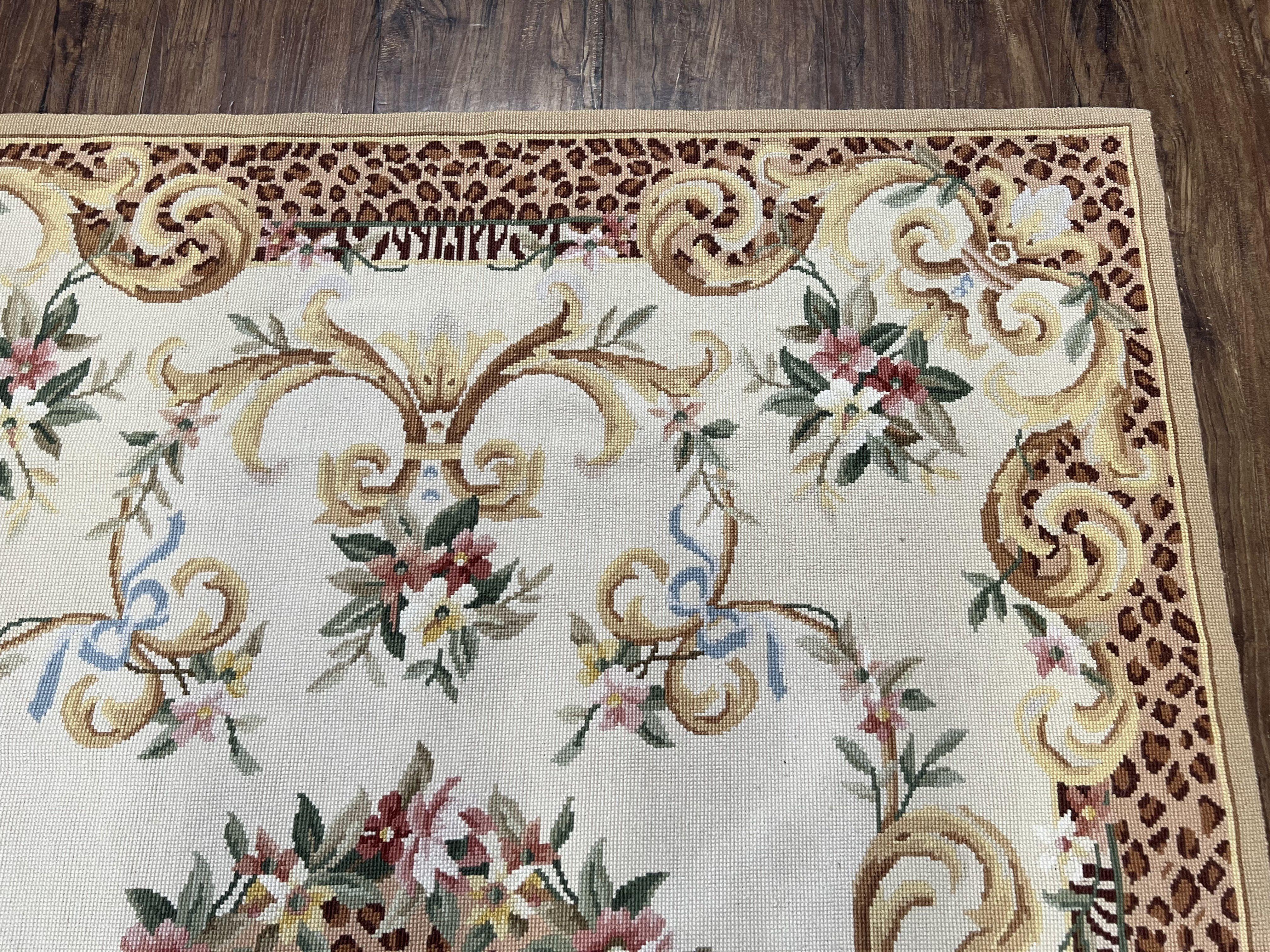 Needlepoint Rug 4x6 European Carpet, Leopard Print Rug, French Aubusson Savonnerie Design, Elegant Rug, Flatweave Rug, Wool Hand-Woven Ivory - Jewel Rugs