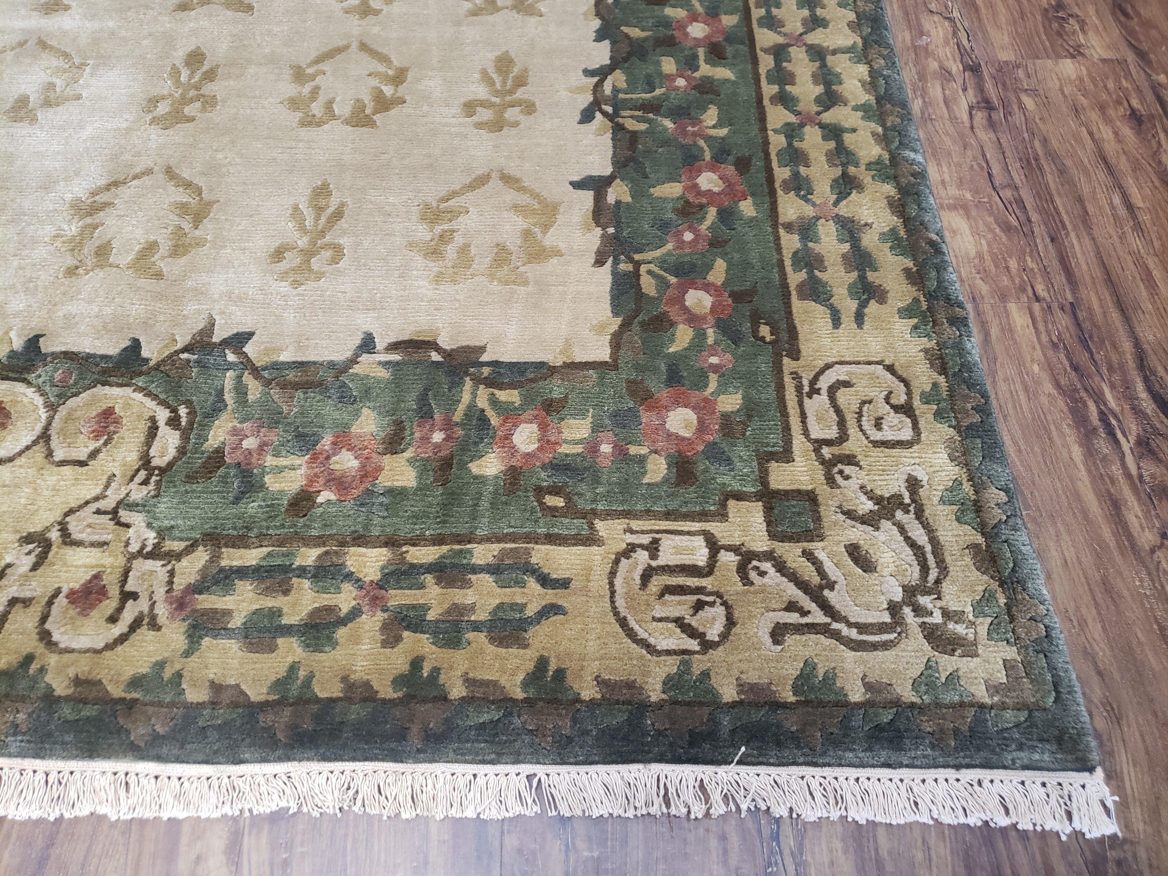 Vintage Nepalese Aubusson Area Rug 6x9, Hand-Knotted Beige & Green Tibetan Carpet, Soft Plush Pile, 6 x 9 European Design Rug - Jewel Rugs