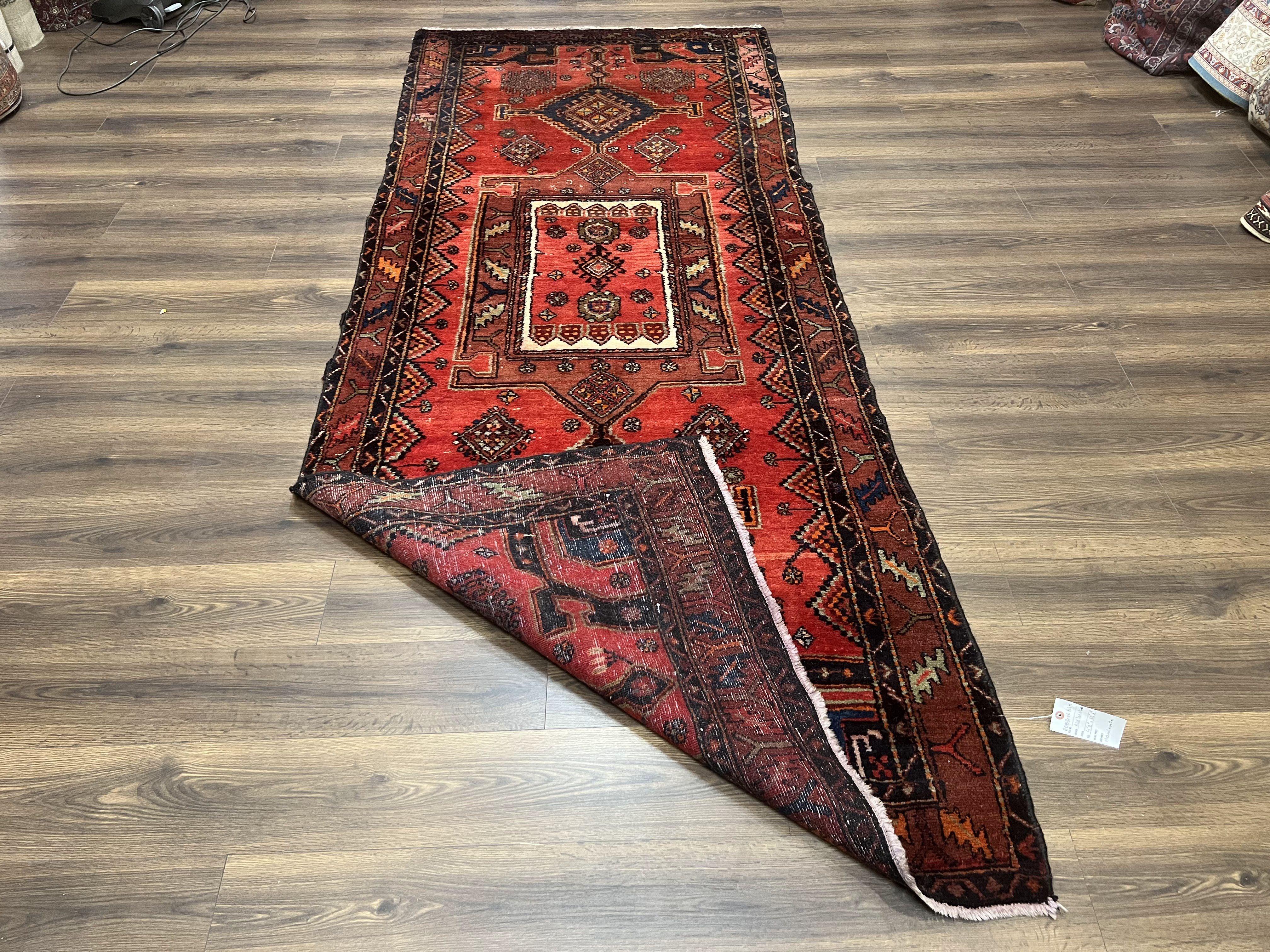 Persian Tribal Runner Rug 4.2 x 10.6, Wide Nahavand Hamadan Runner Rug, Bohemian Carpet, Red Kitchen Runner, Handmade Wool Antique Geometric Medallions - Jewel Rugs